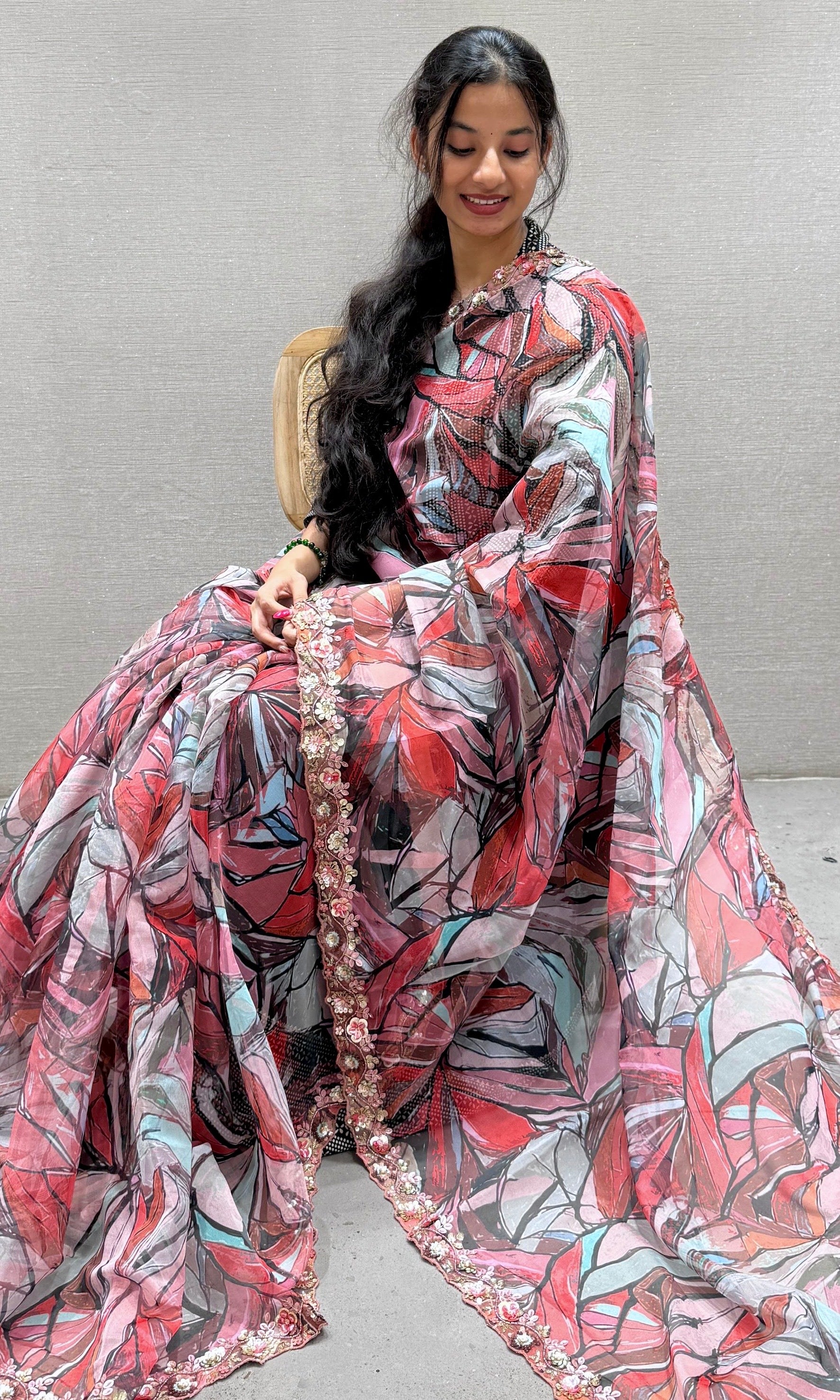 Onion pink digital printed soft organza saree with ready blouse