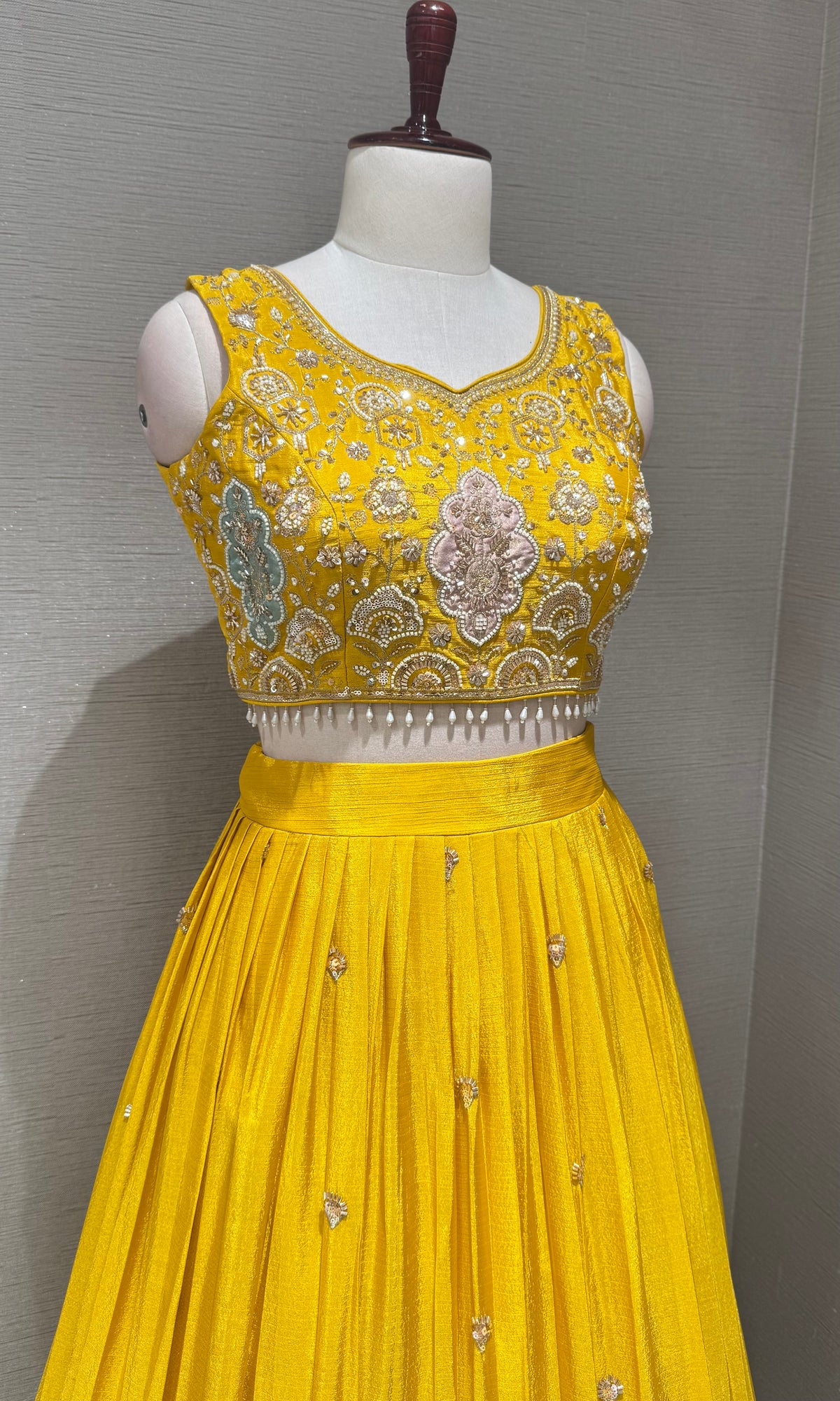 Yellow Tissue silk Lehenga with Multi Floral border