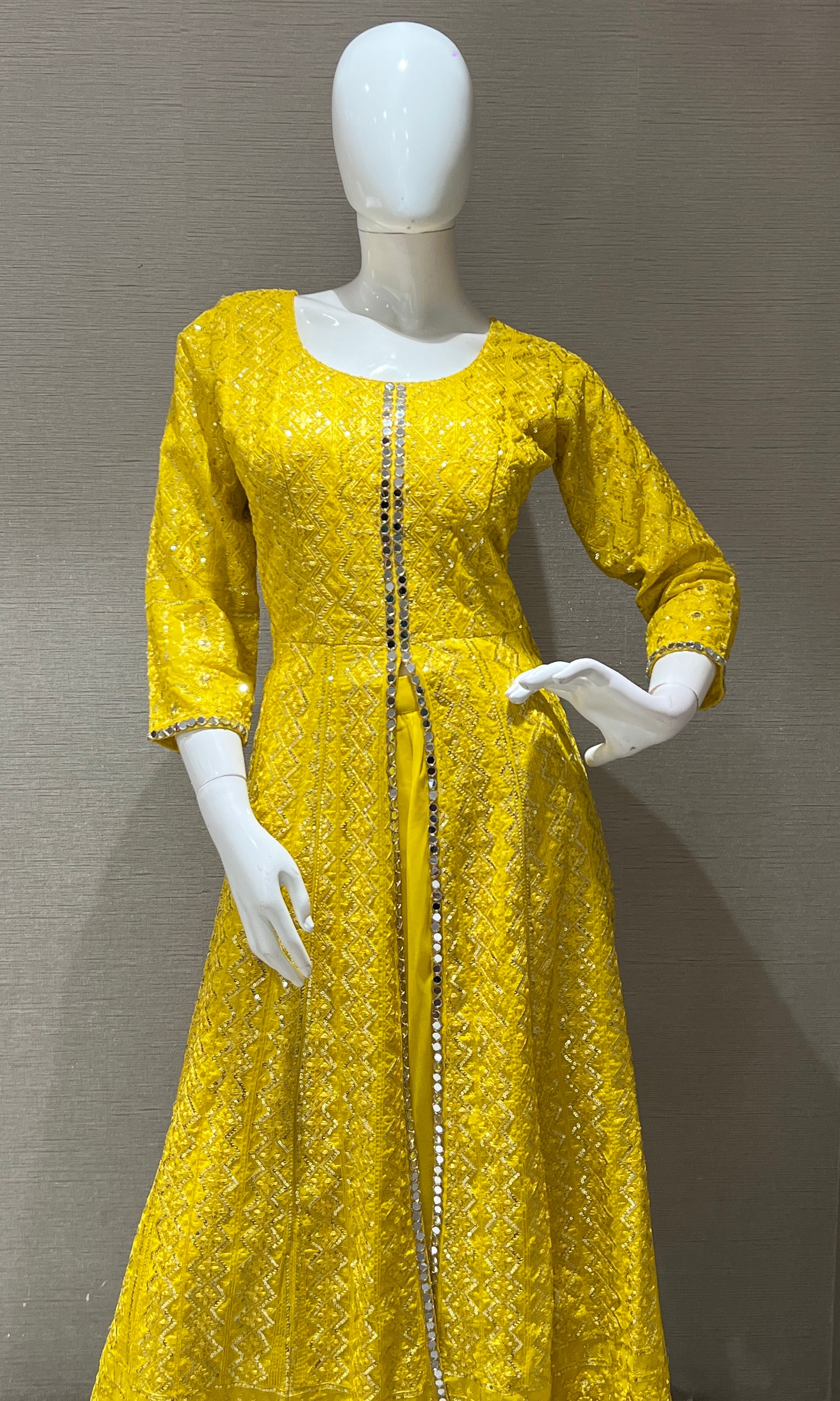 Yellow front slit Anarkali with palazzo pants