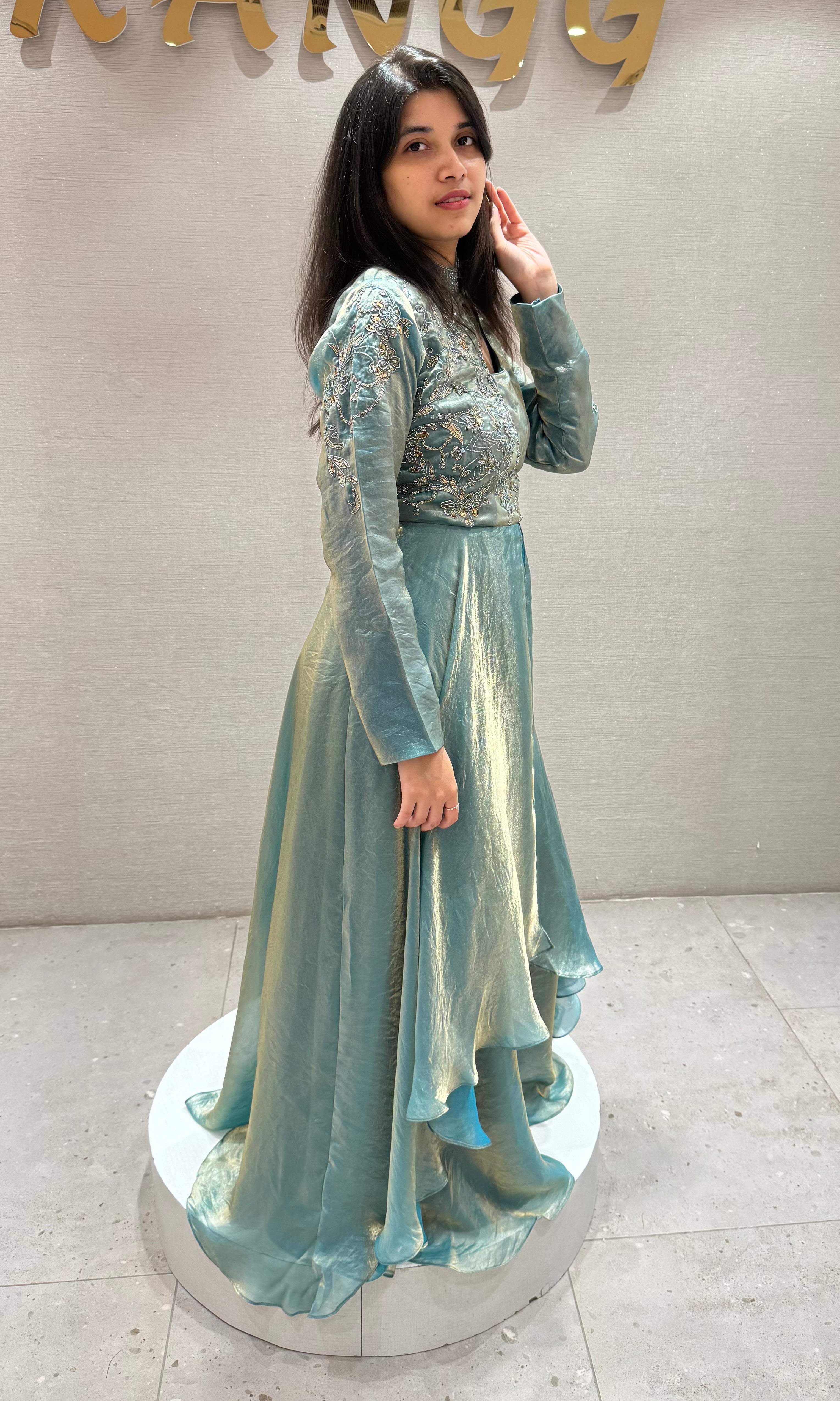 Sea green ANARKALI WITH NECK DESIGN