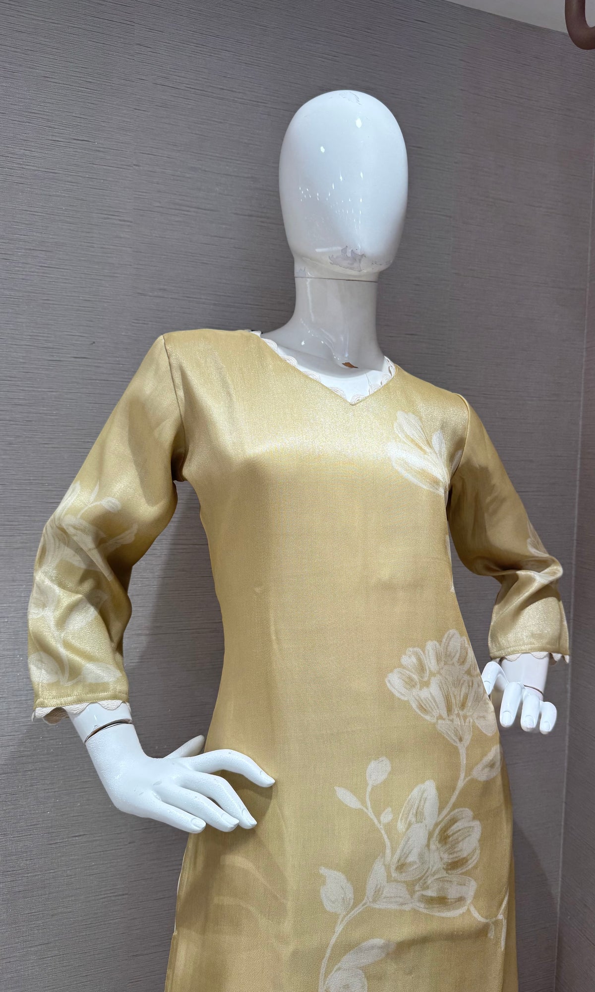 Gold Satin Floral Kurti top with bottom