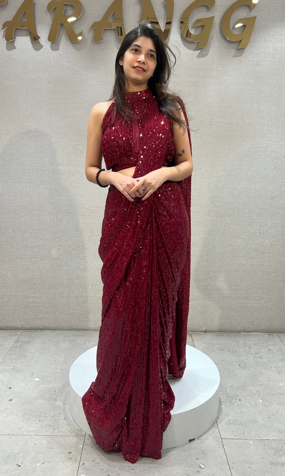 Maroon Georgette Sequined Draped Saree