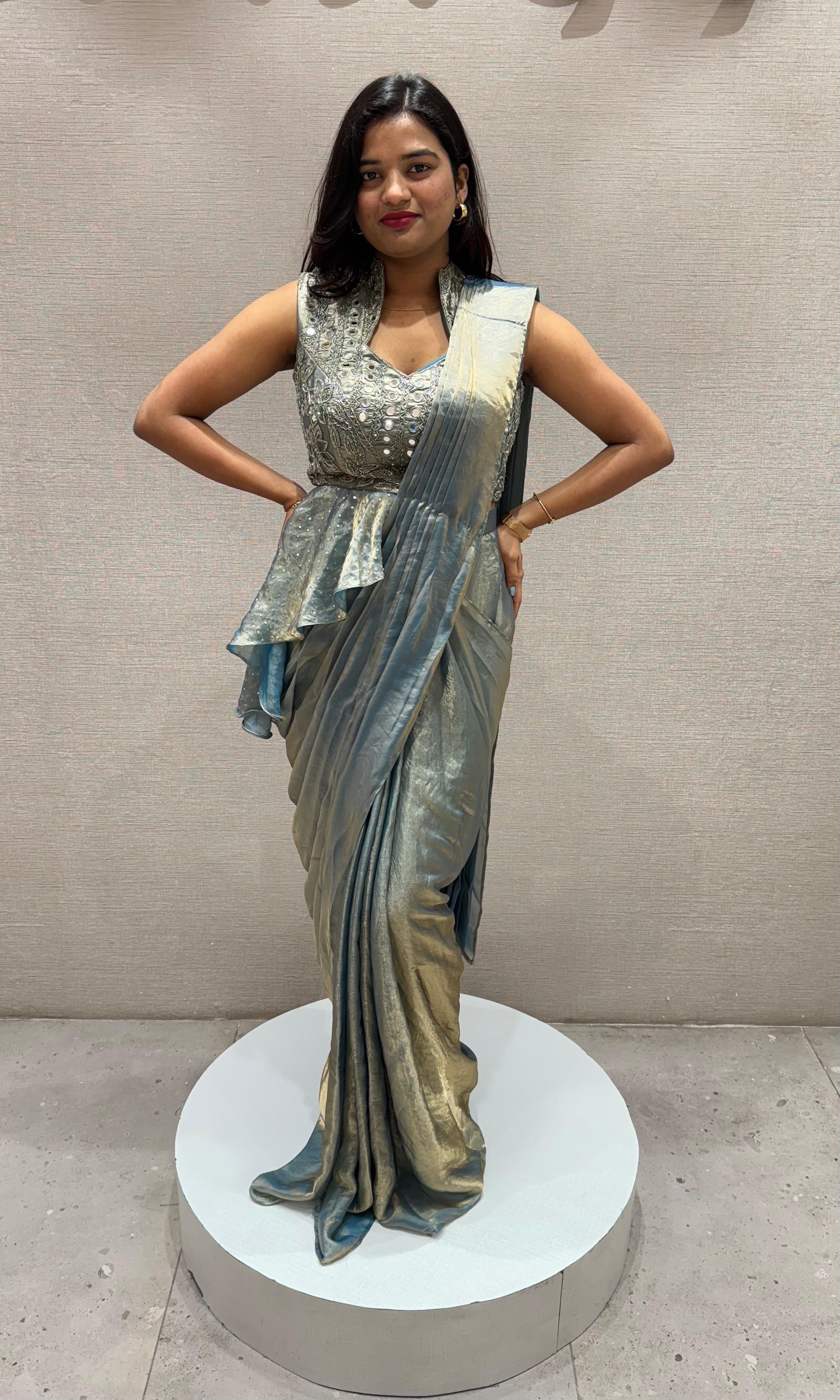 Blue PEPLUM STYLE DRAPE SAREE