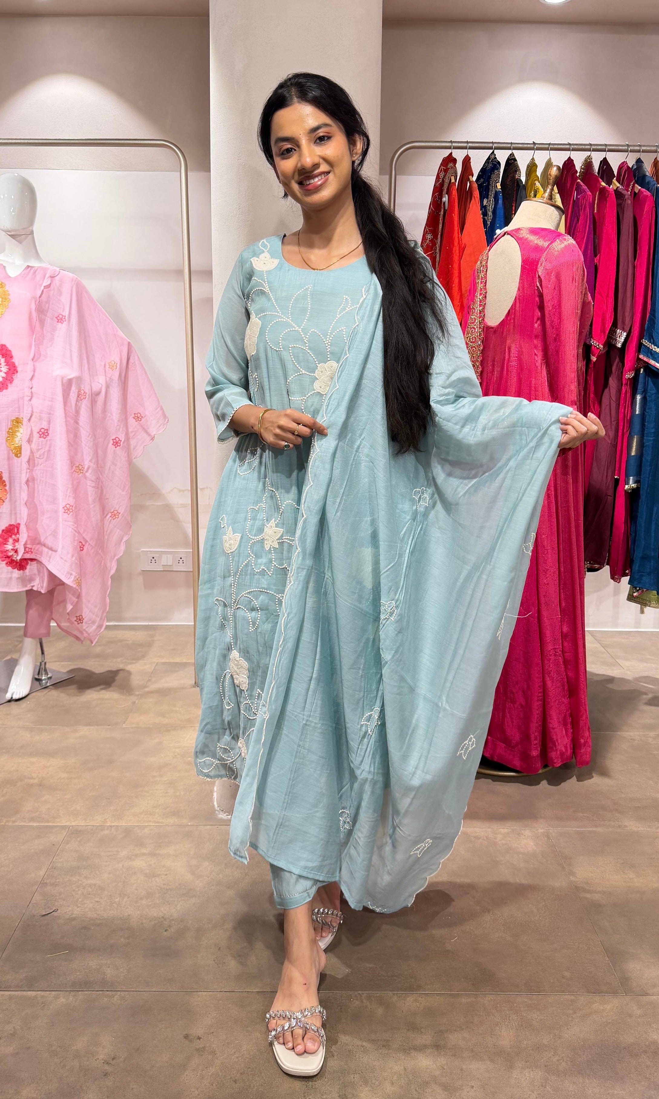 Sky Blue Embroidered Straight Kurta with Dupatta