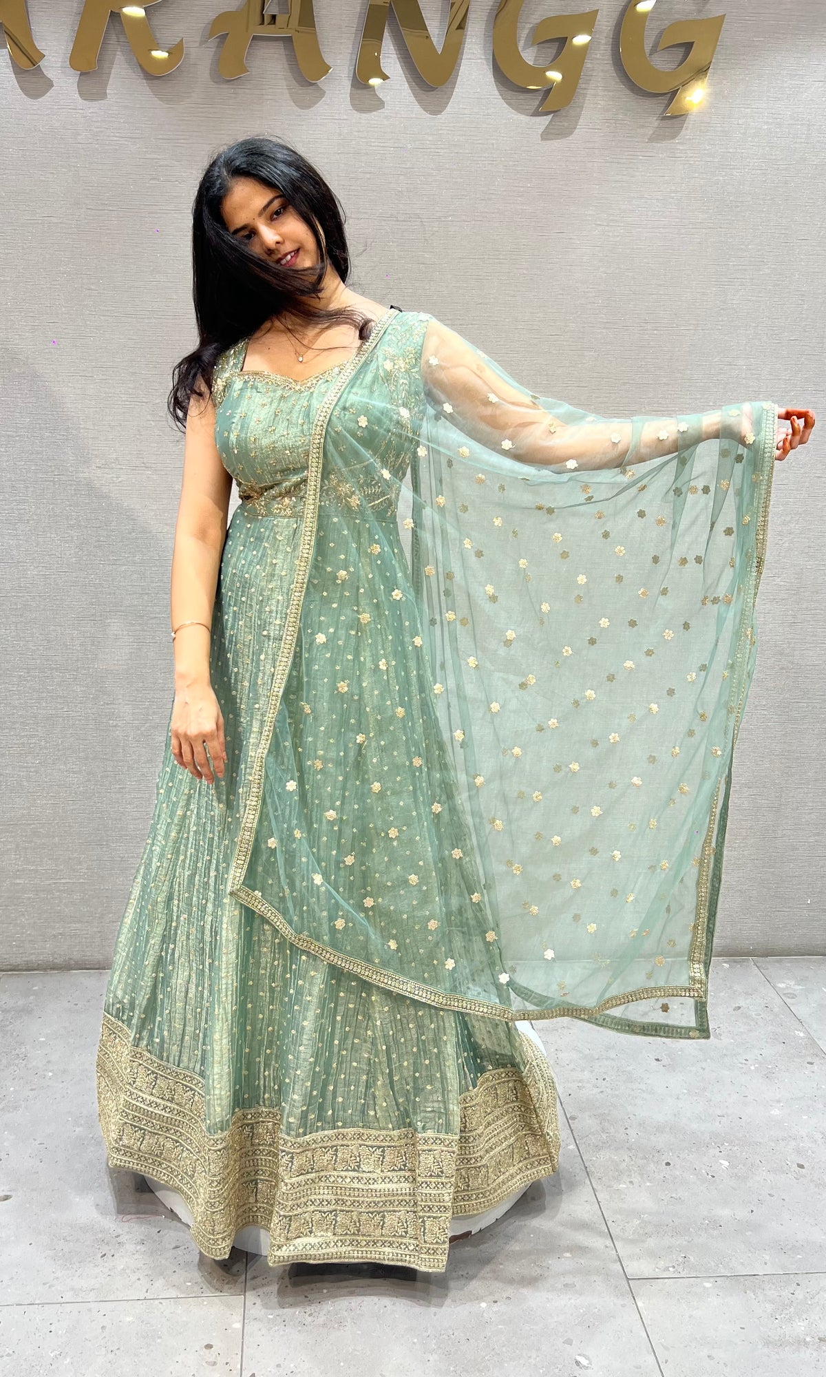 Mint Green shimmer Anarkali with Sheer Dupatta