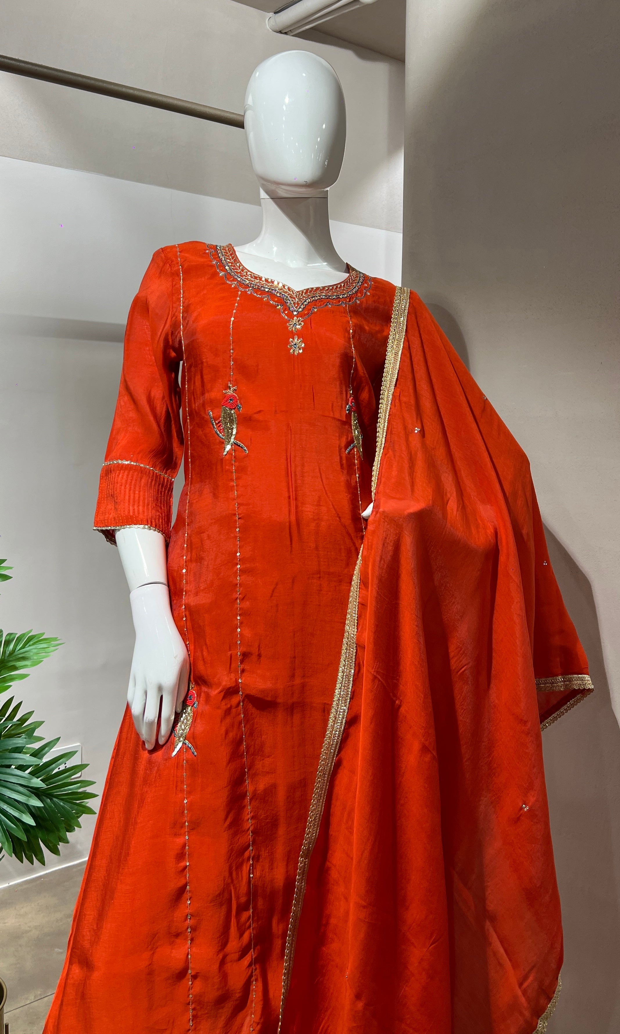 RUST Floral EMBROIDERY MULCHANDERI KURTA SET