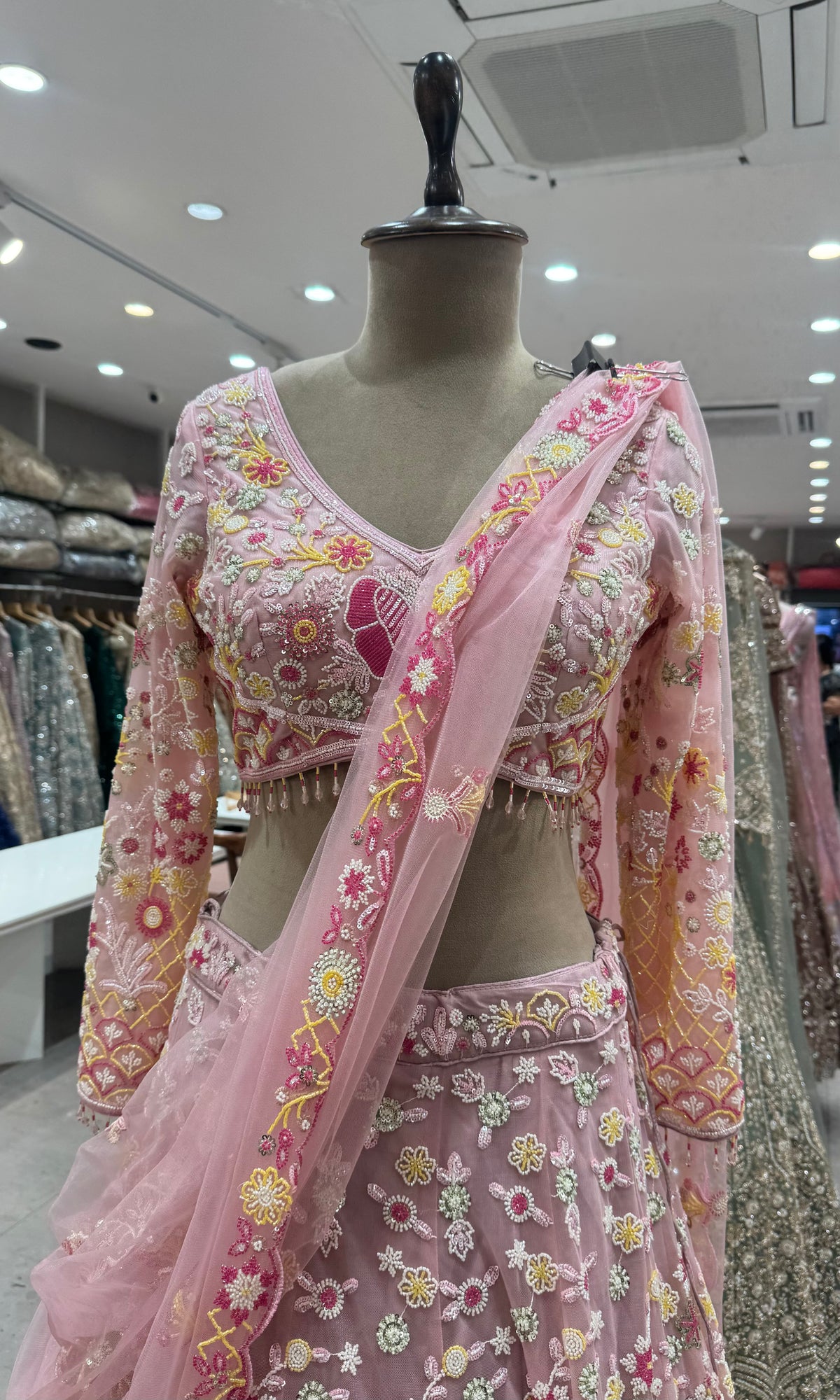 Blush Pink Floral Multicolor Threadwork Embroidered Lehenga set