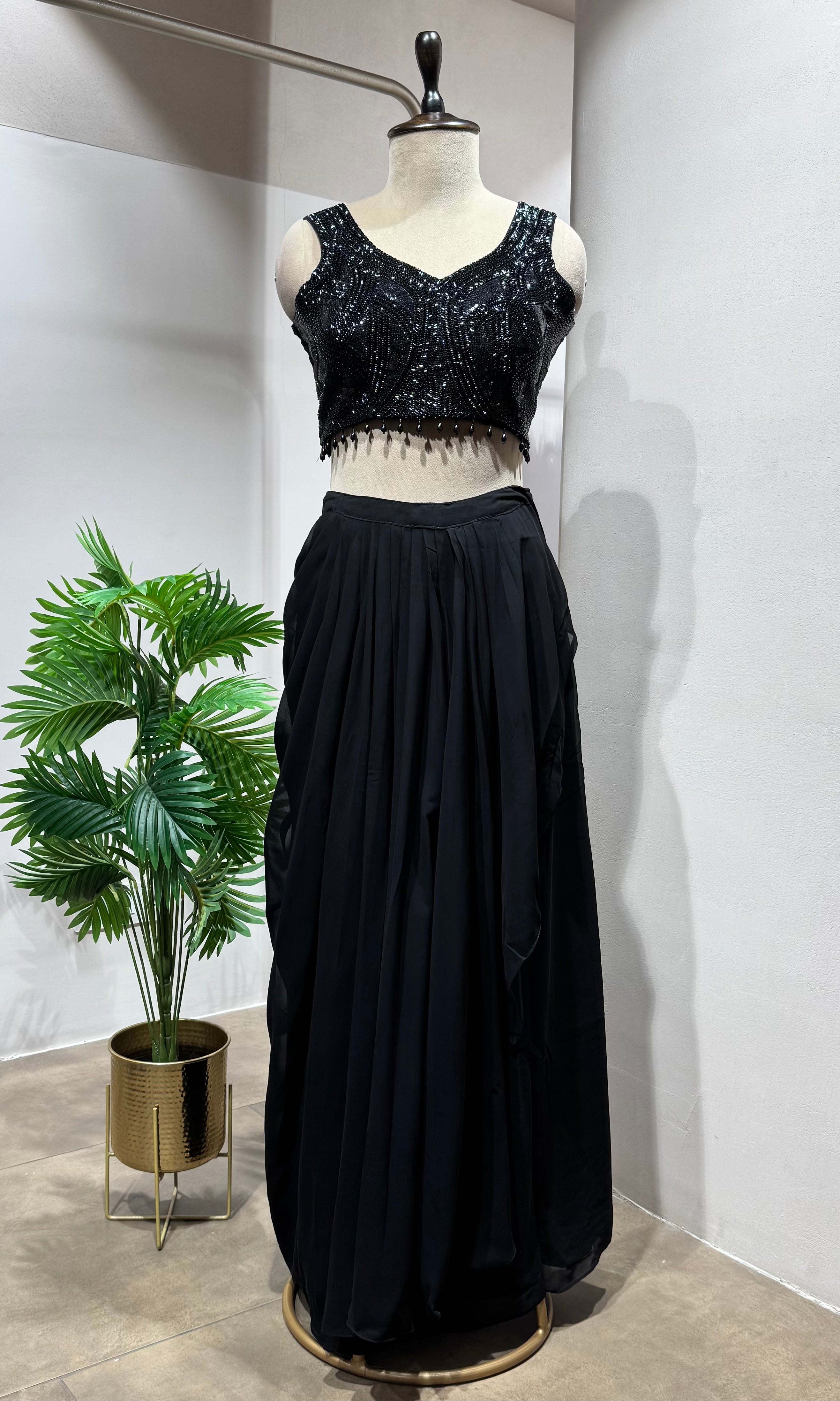Black Embroidered Georgette Draped Skirt