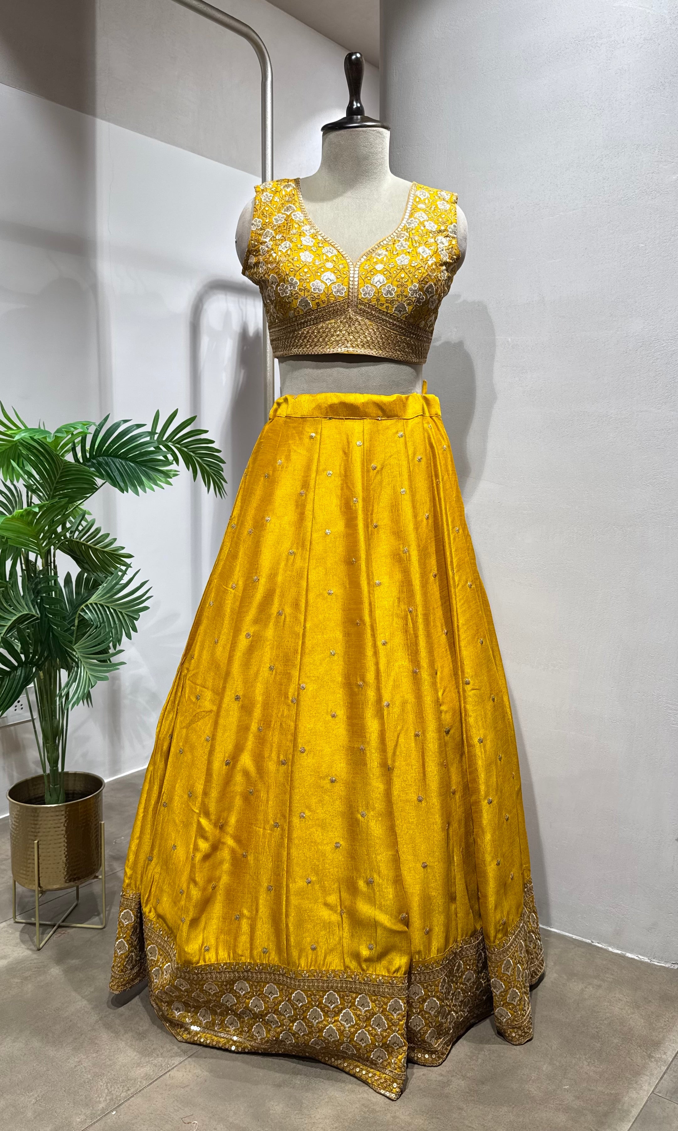 Yellow golden ethnic lehenga set