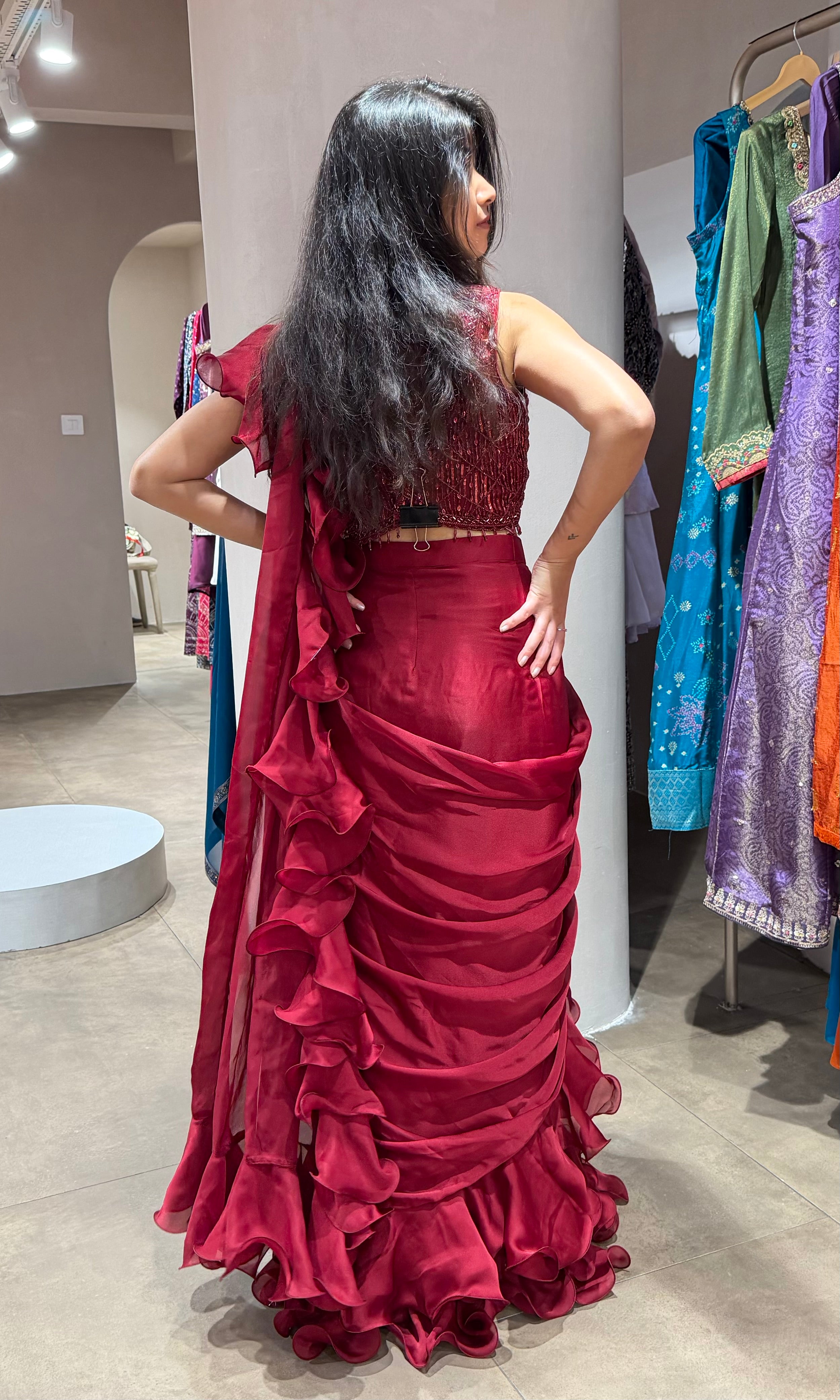 Maroon EMBELLISHED RUFFLE drape saree