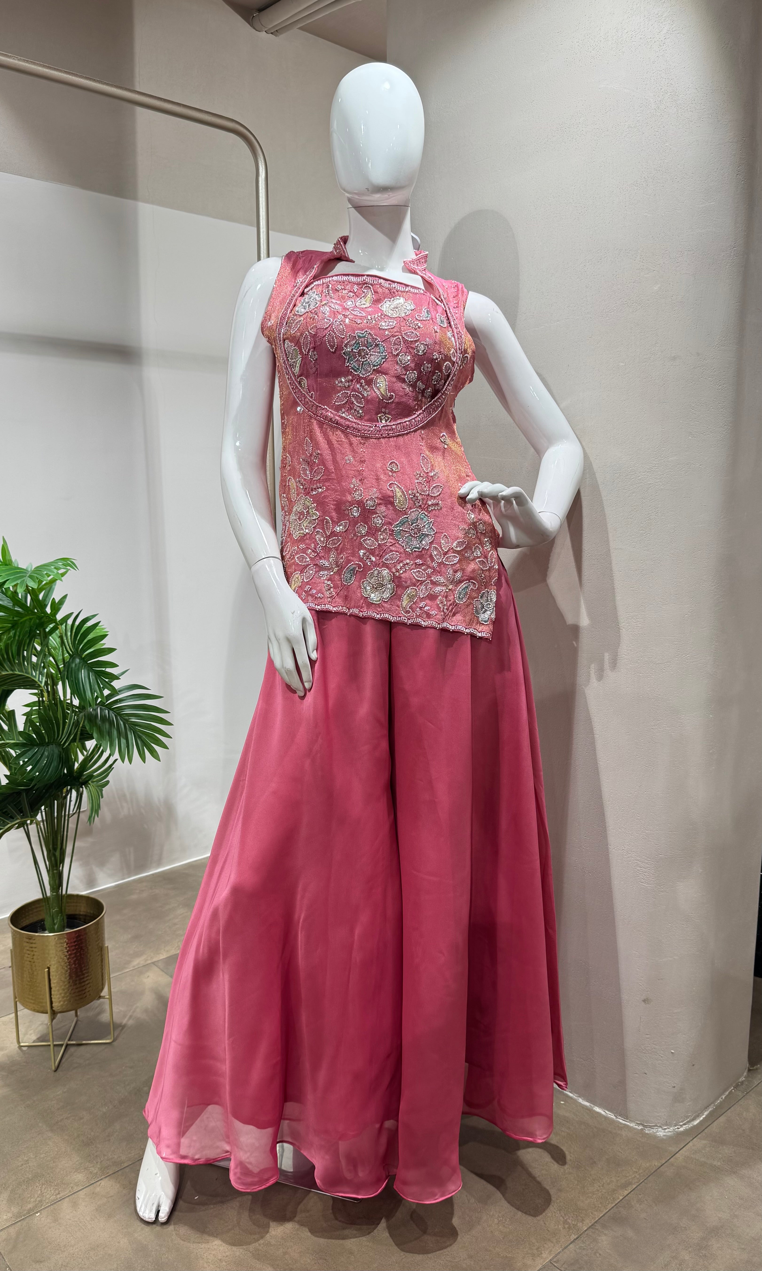 Pink Embroidered Peplum & Palazzo Set