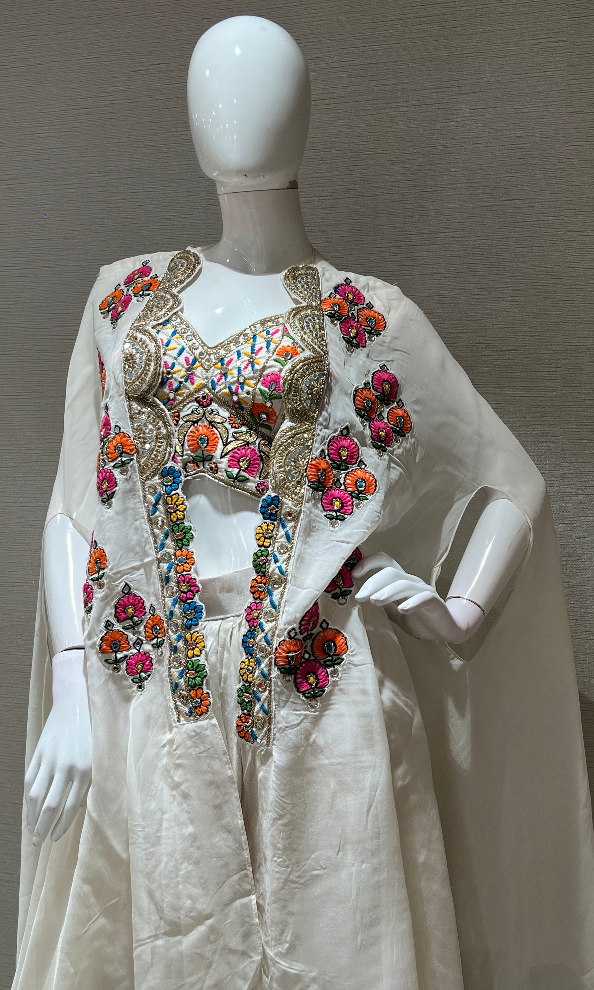 Cream SKIRT WITH FLORAL BLOUSE AND CAPE