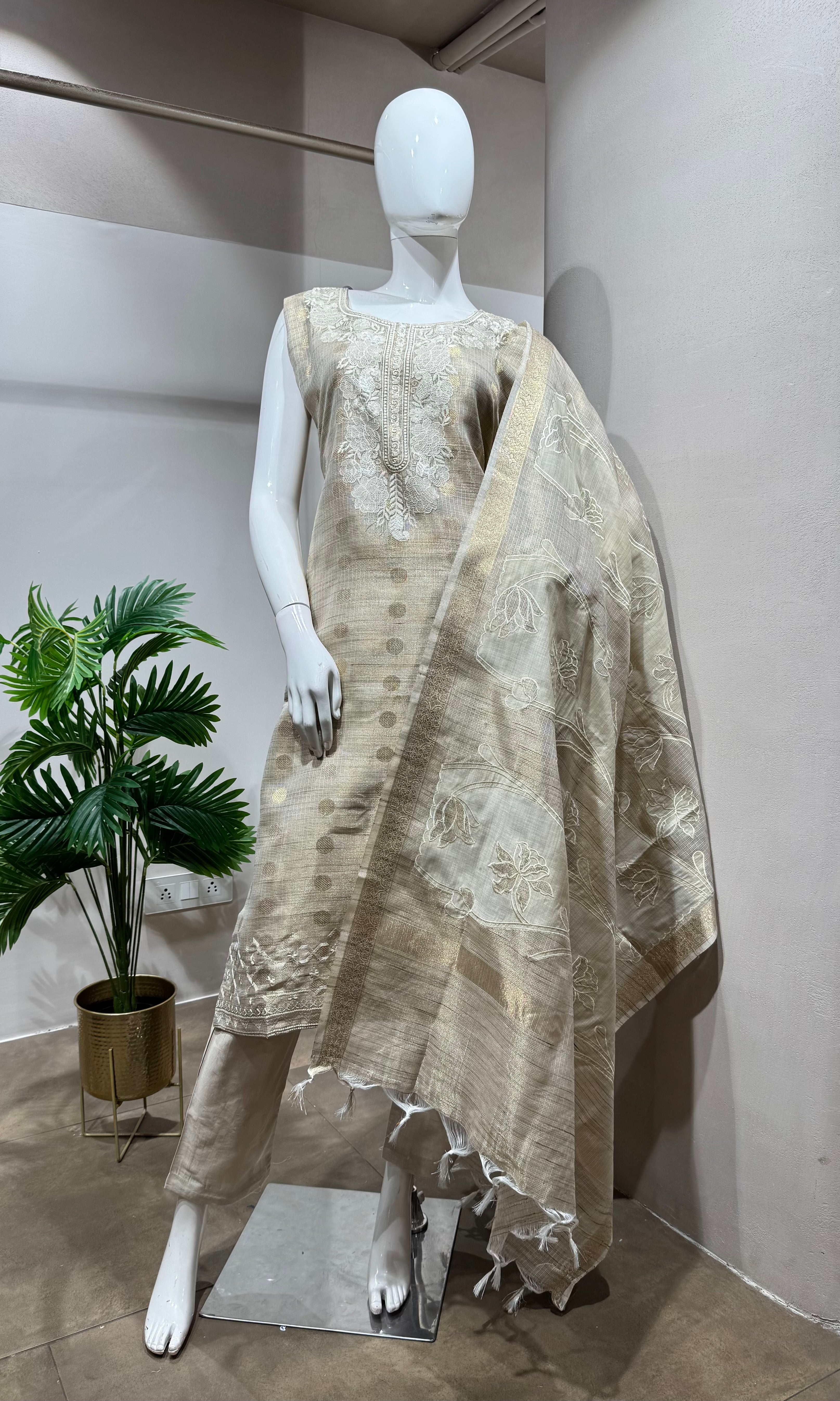 Fawn Banarasi Silk Embroidery Kurta Set