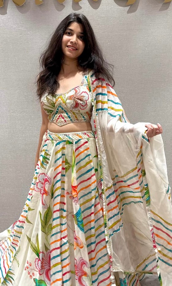 CREAM Rainbow Stripe Floral Lehenga