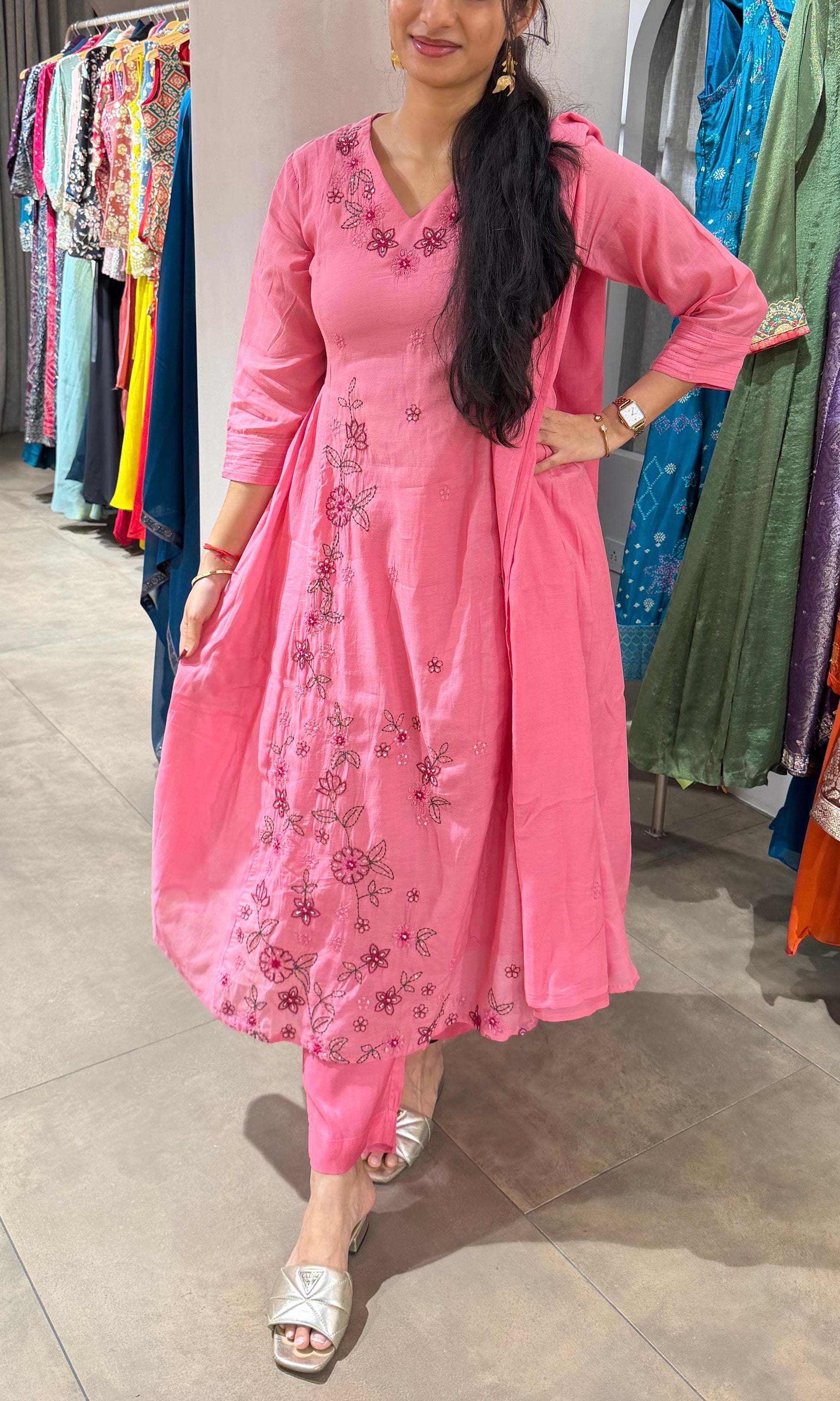 BABY PINK FLORAL MUL CHANDERI KURTA SET