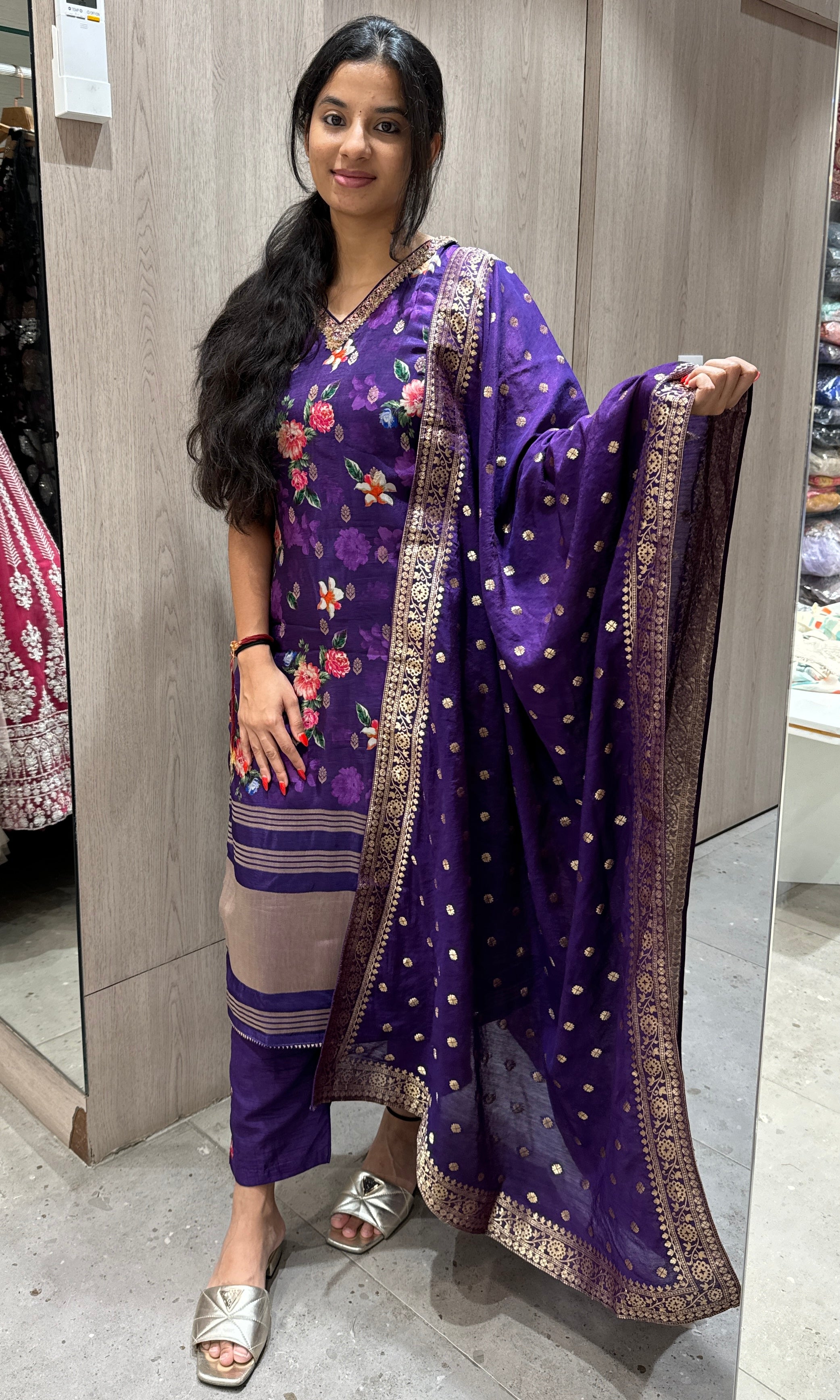 Purple floral gajji silk kurta set