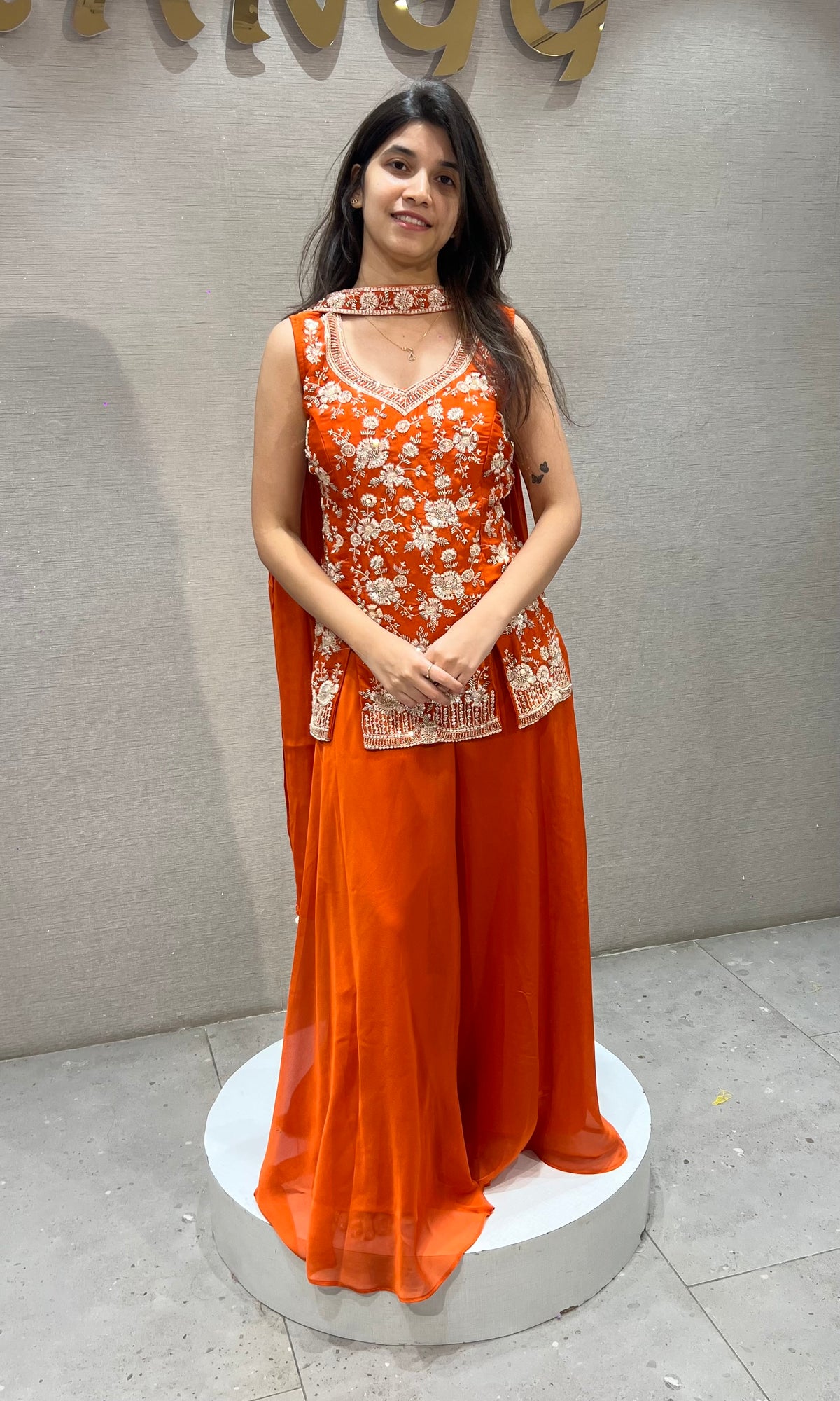 Orange Silk Floral Embroidered Palazzo Set