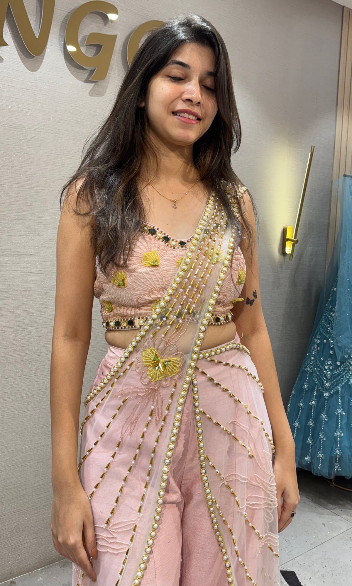 Baby pink palazzo with draped pallu