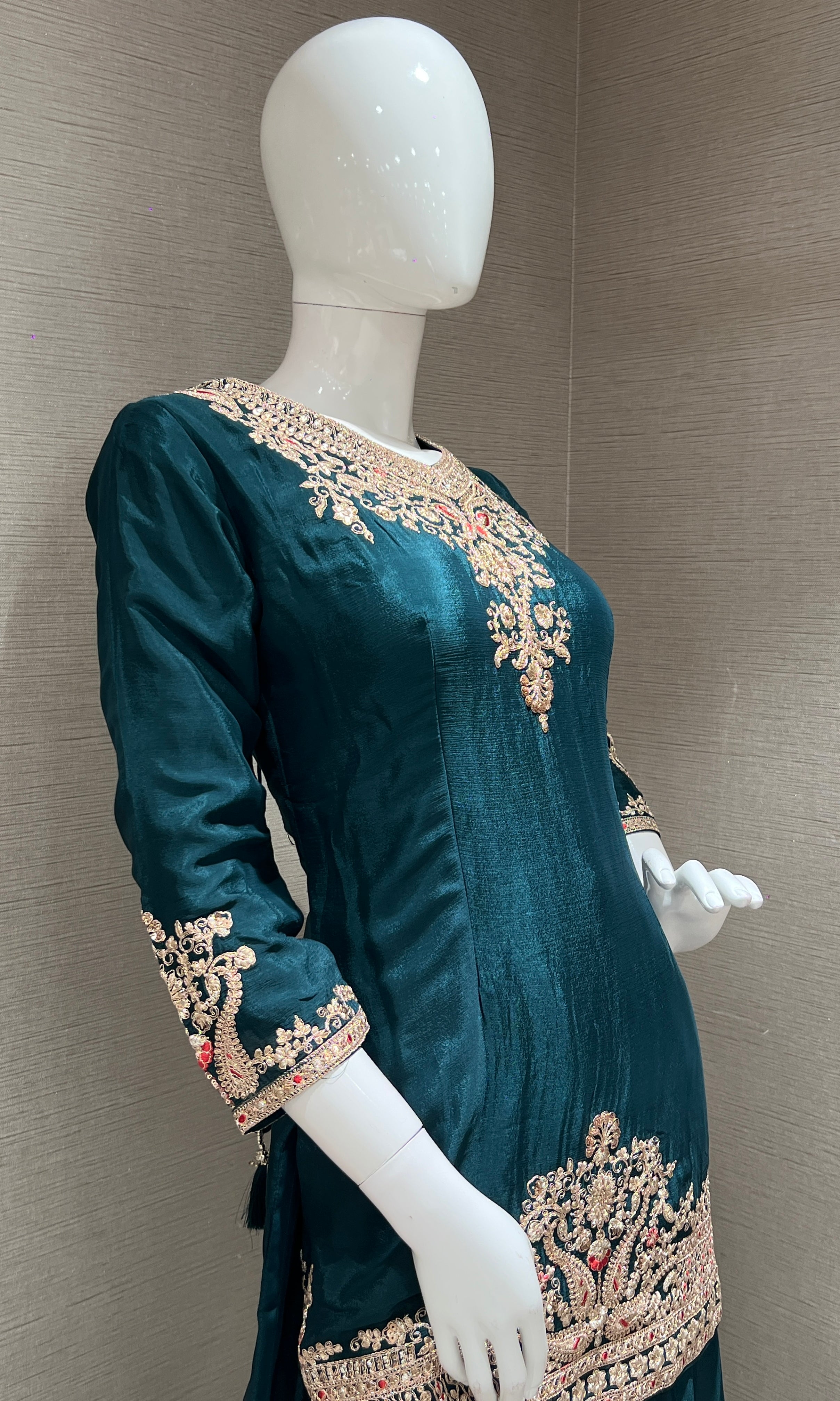 Bottle Green Embroidered Sharara Set