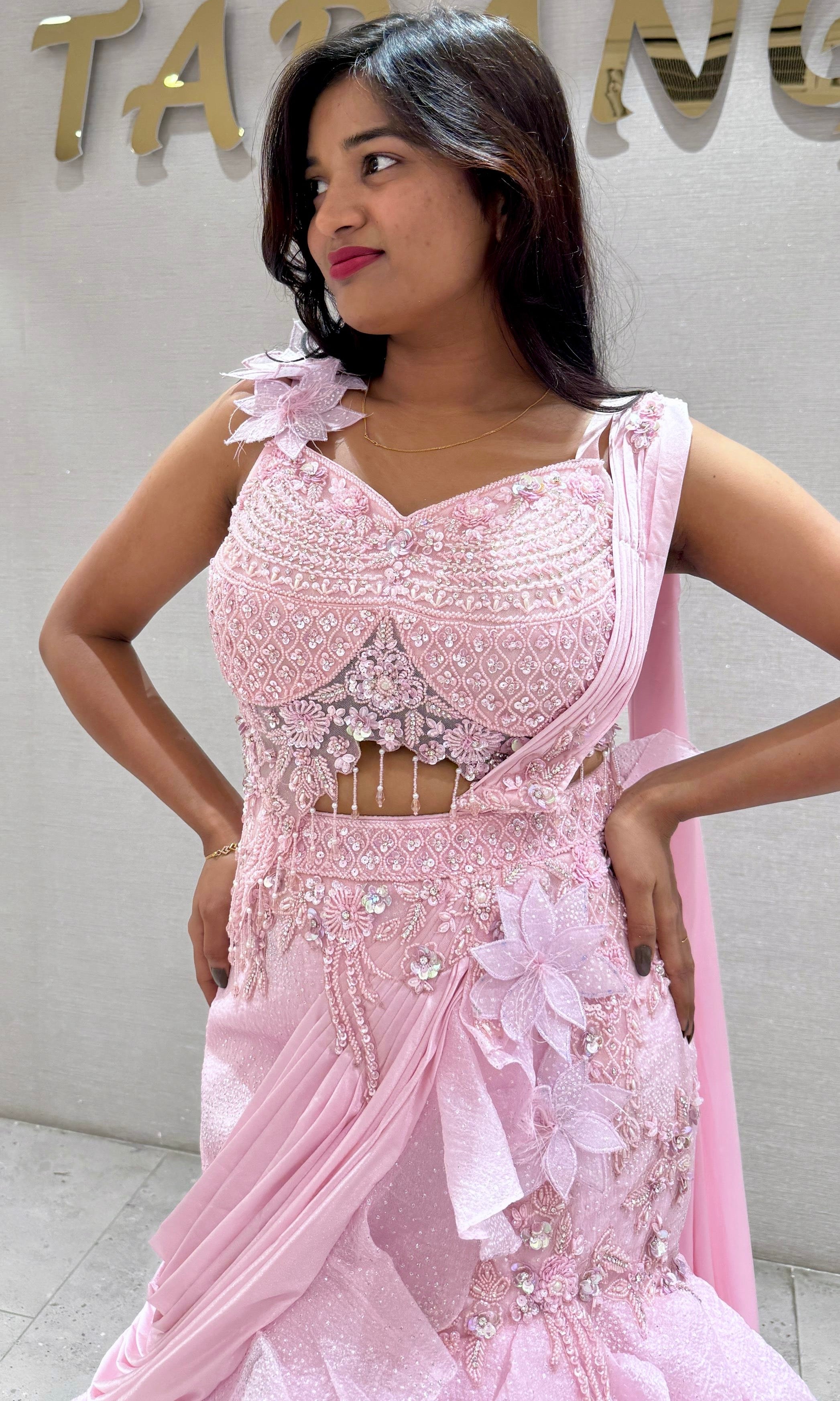 Blush Pink Floral ruffle drape saree