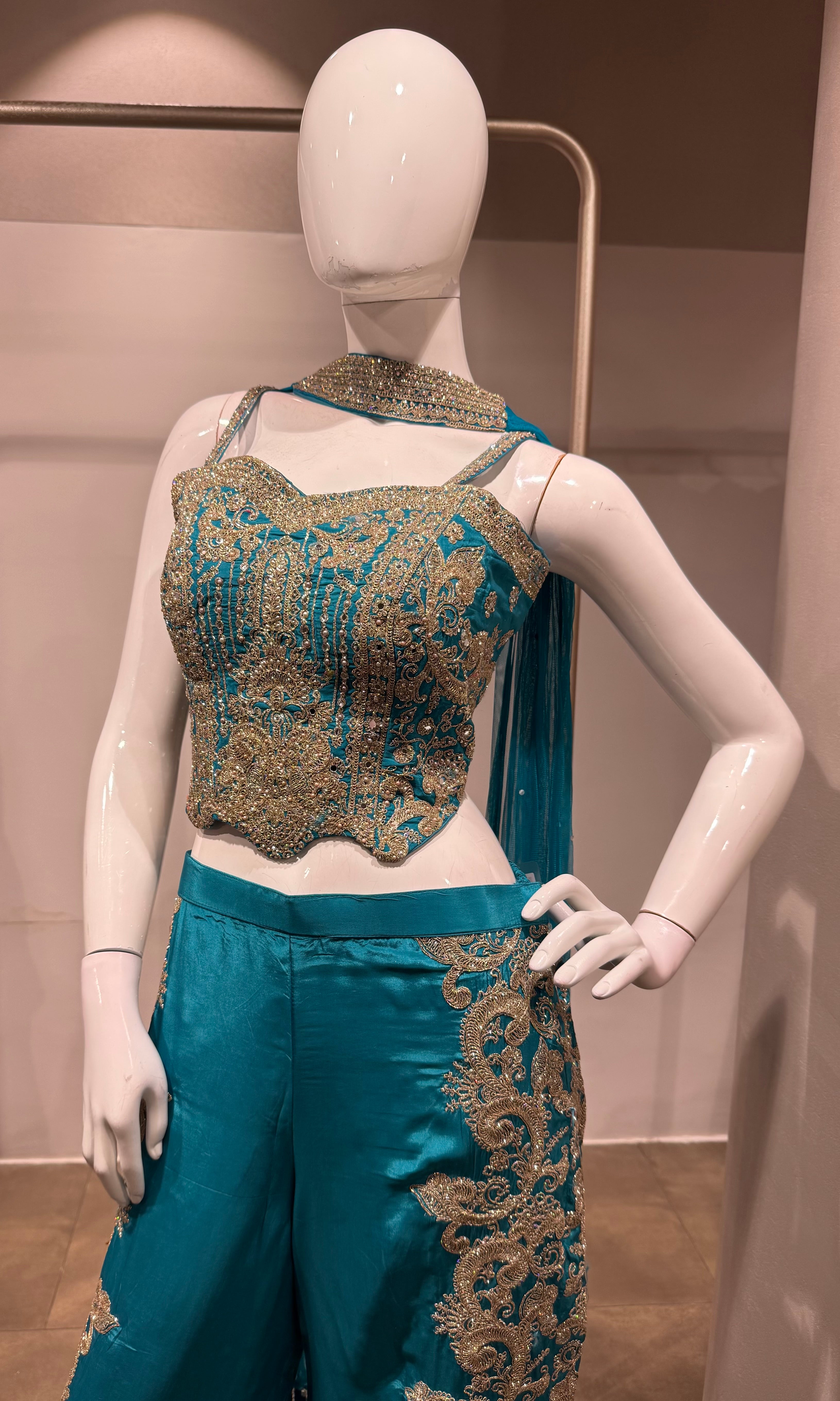 Rama blue Embroidered Indo-Western Set