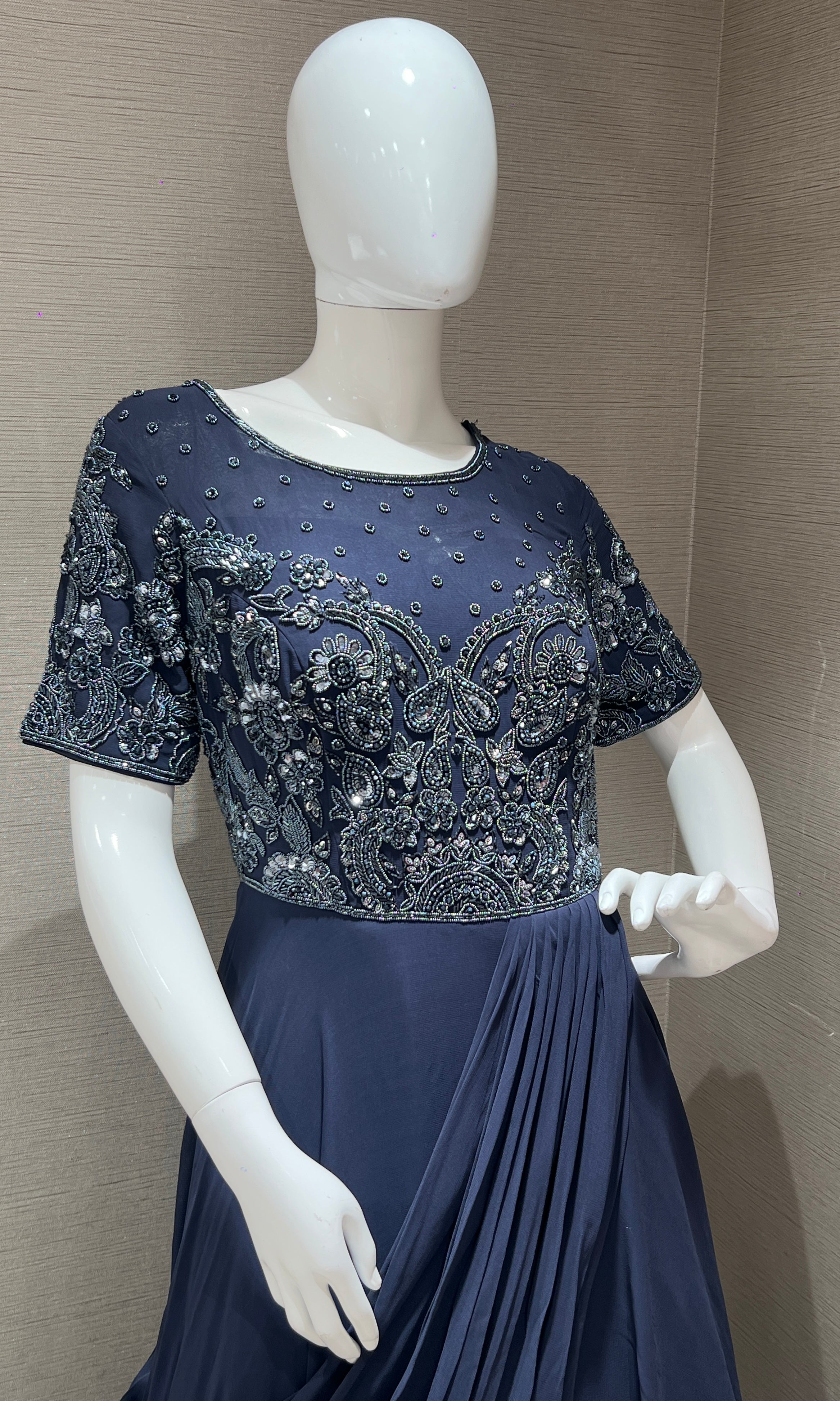 Blue Embellished Drape long dress Gown