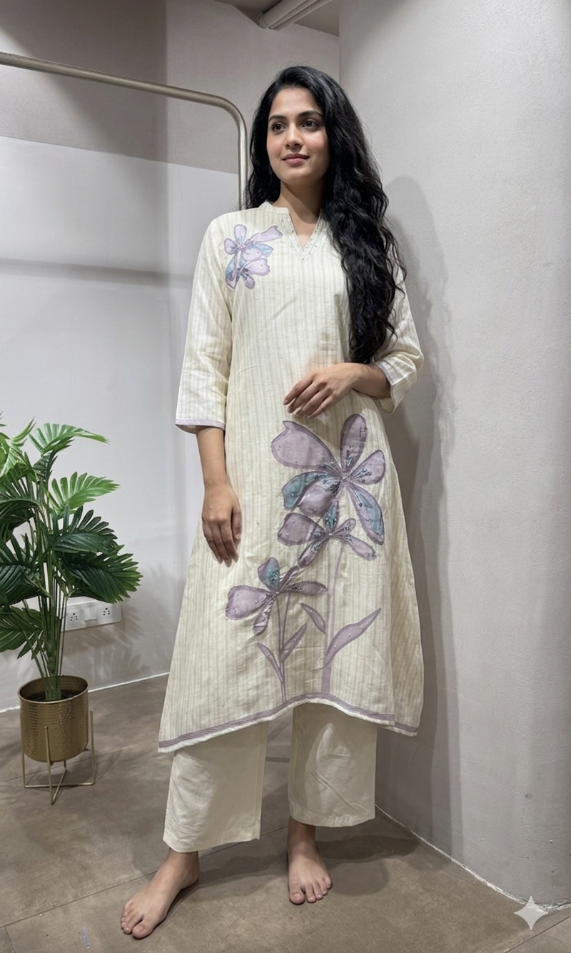 cream Lavender Motif Kurta with bottom