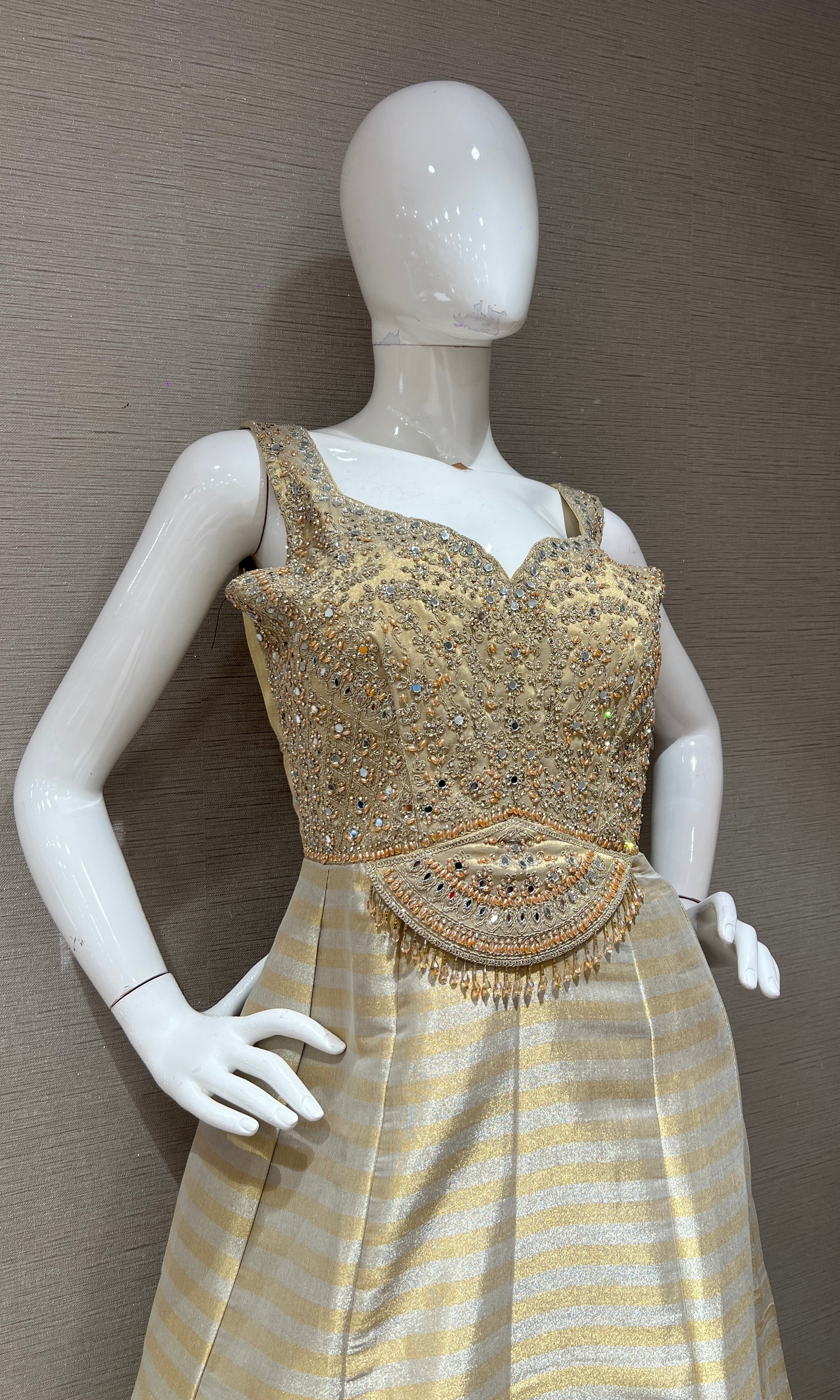 Blue and Gold Striped Anarkali Set with dupatta