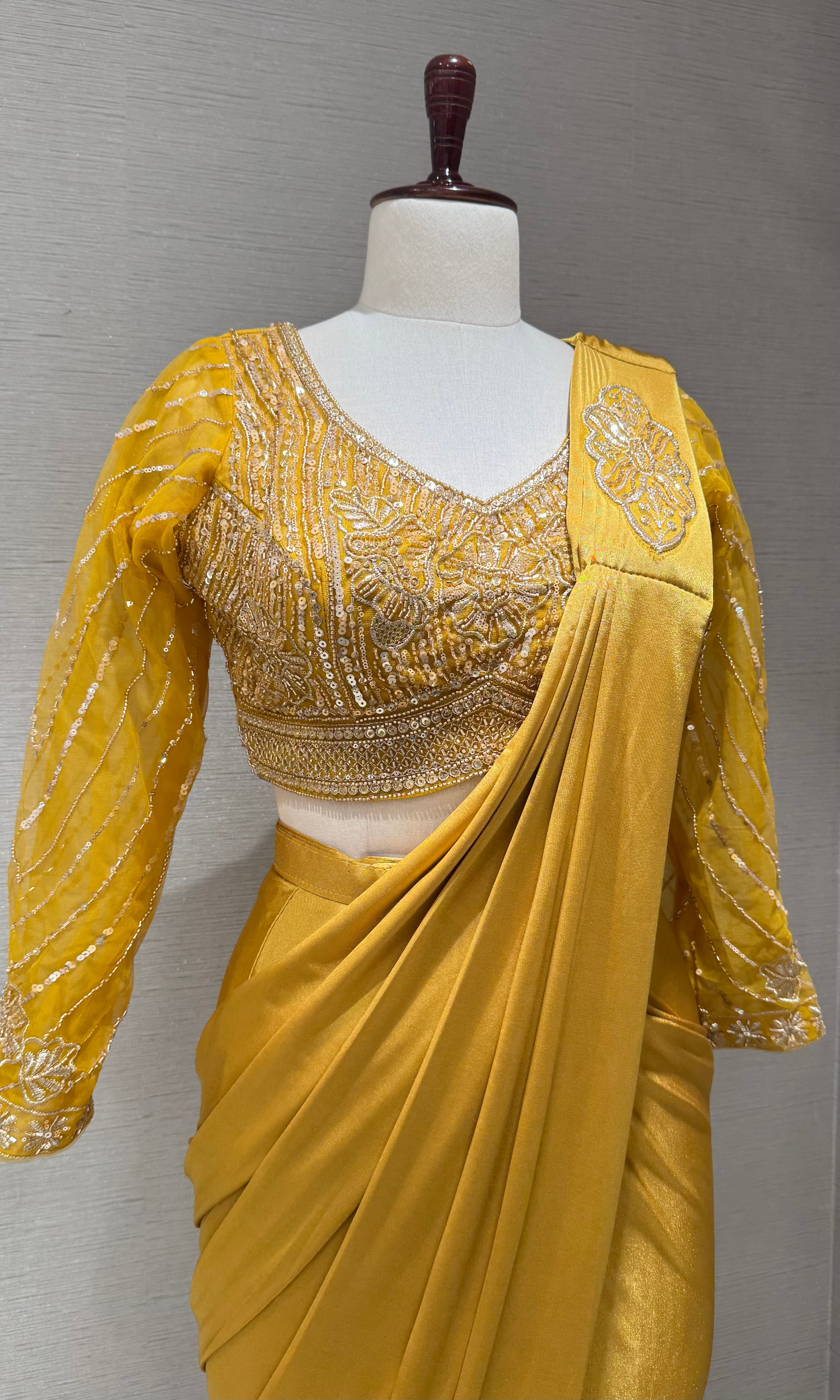 Yellow Satin Drape Saree with Embroidered Blouse