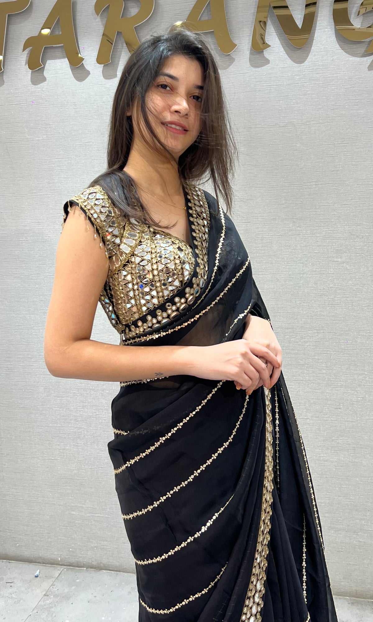 Black Georgette Saree with Golden Zari & Mirror Embroidery