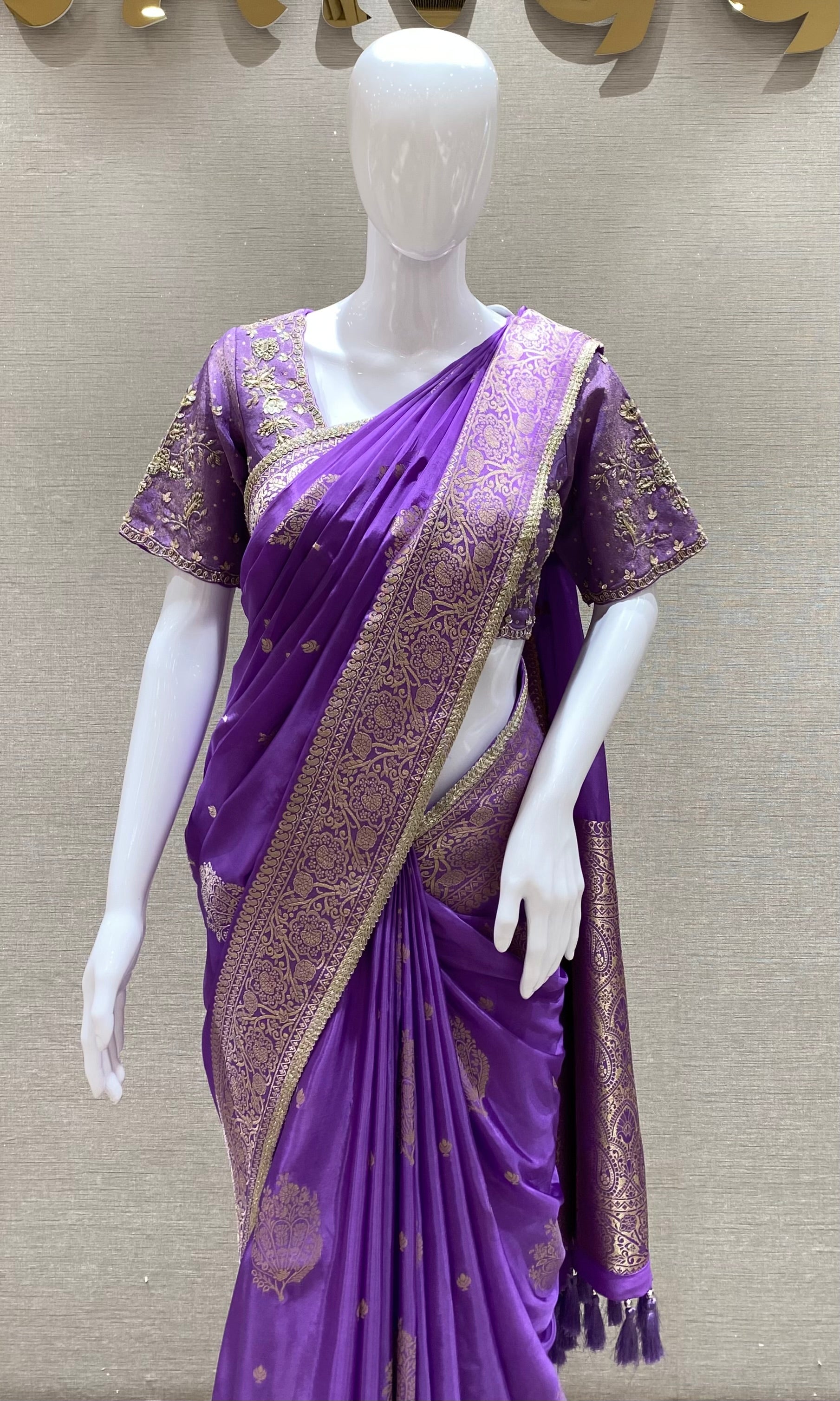 Lavender banarasi saree with ready blouse