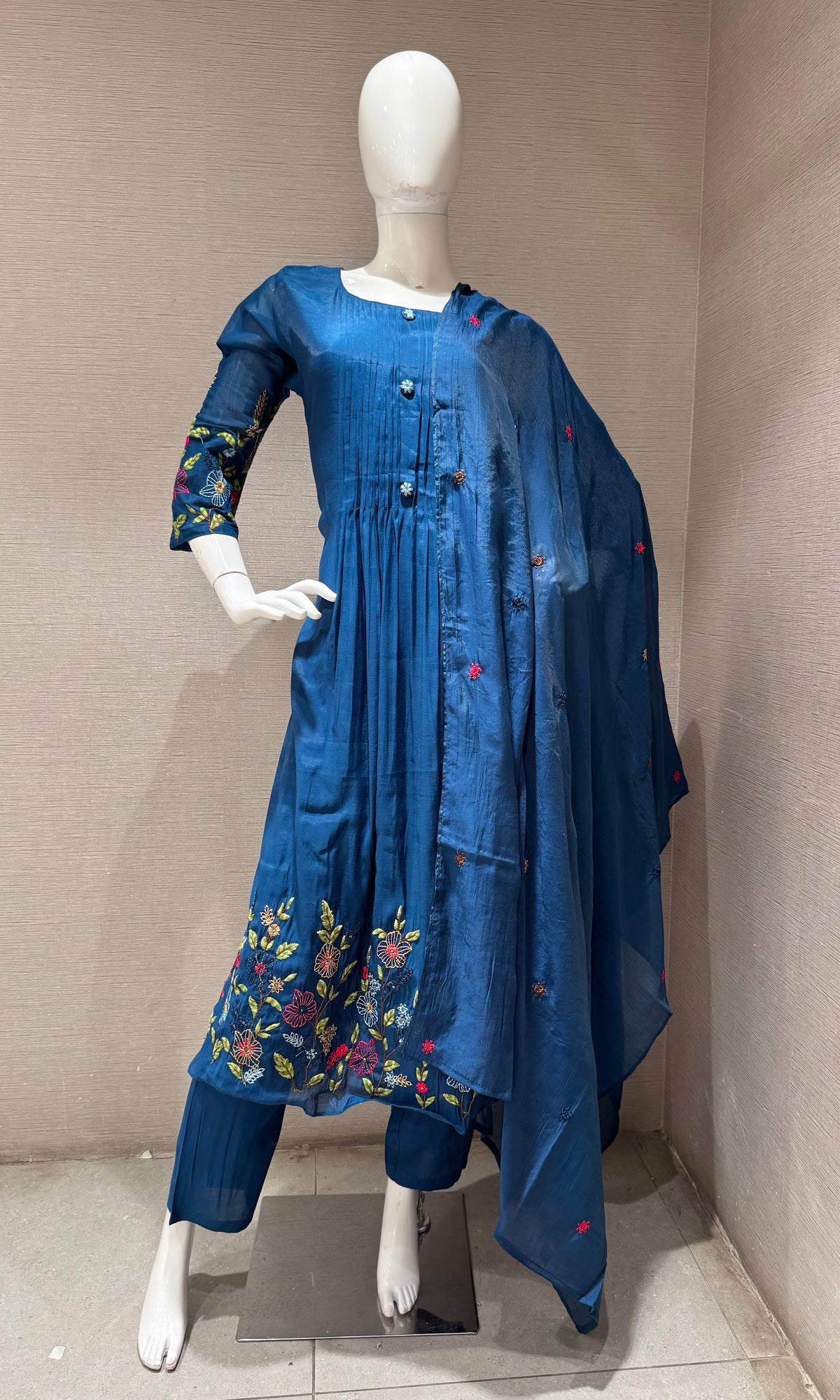 Navy Blue Floral Mul Chanderi Kurta set with dupatta