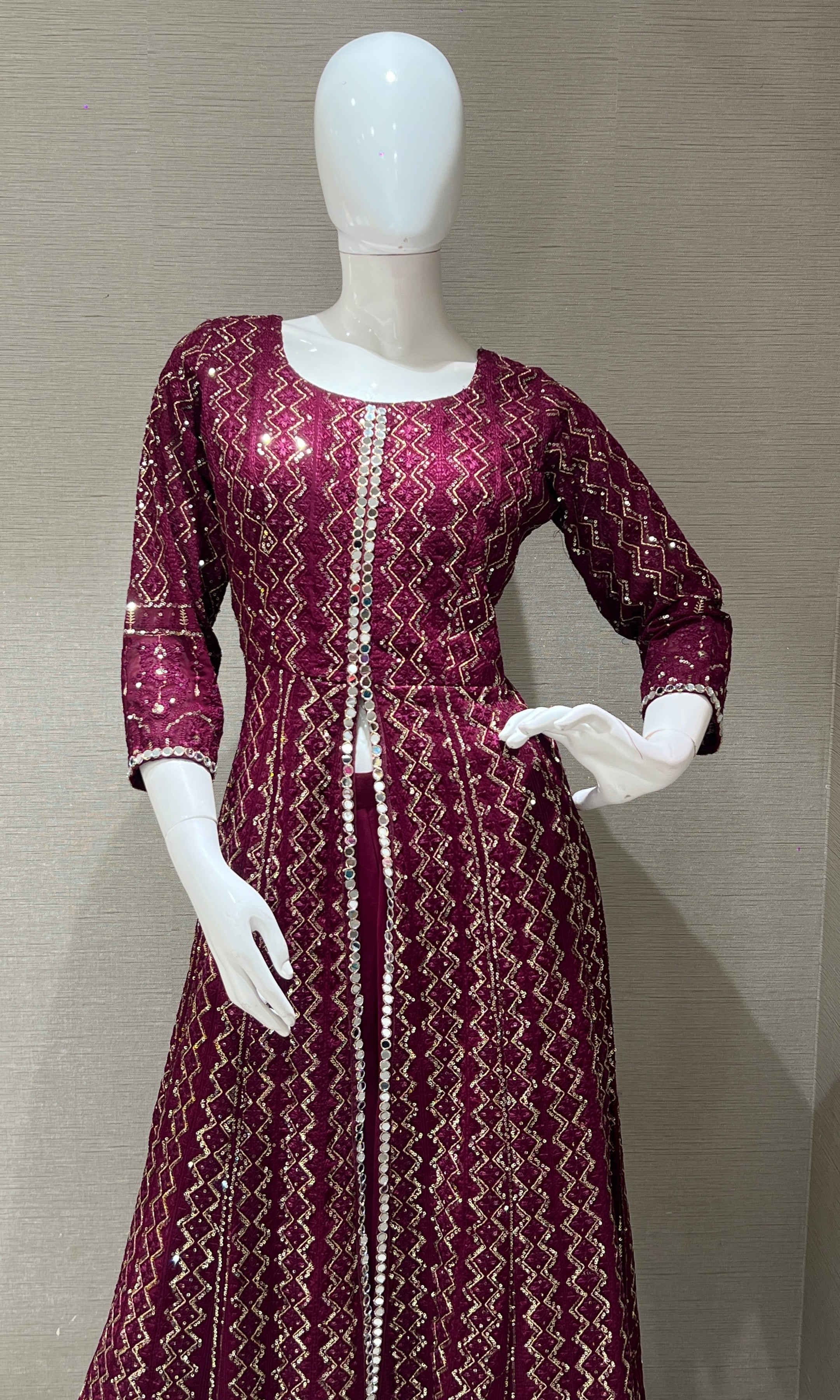 Wine front slit Anarkali with palazzo pants