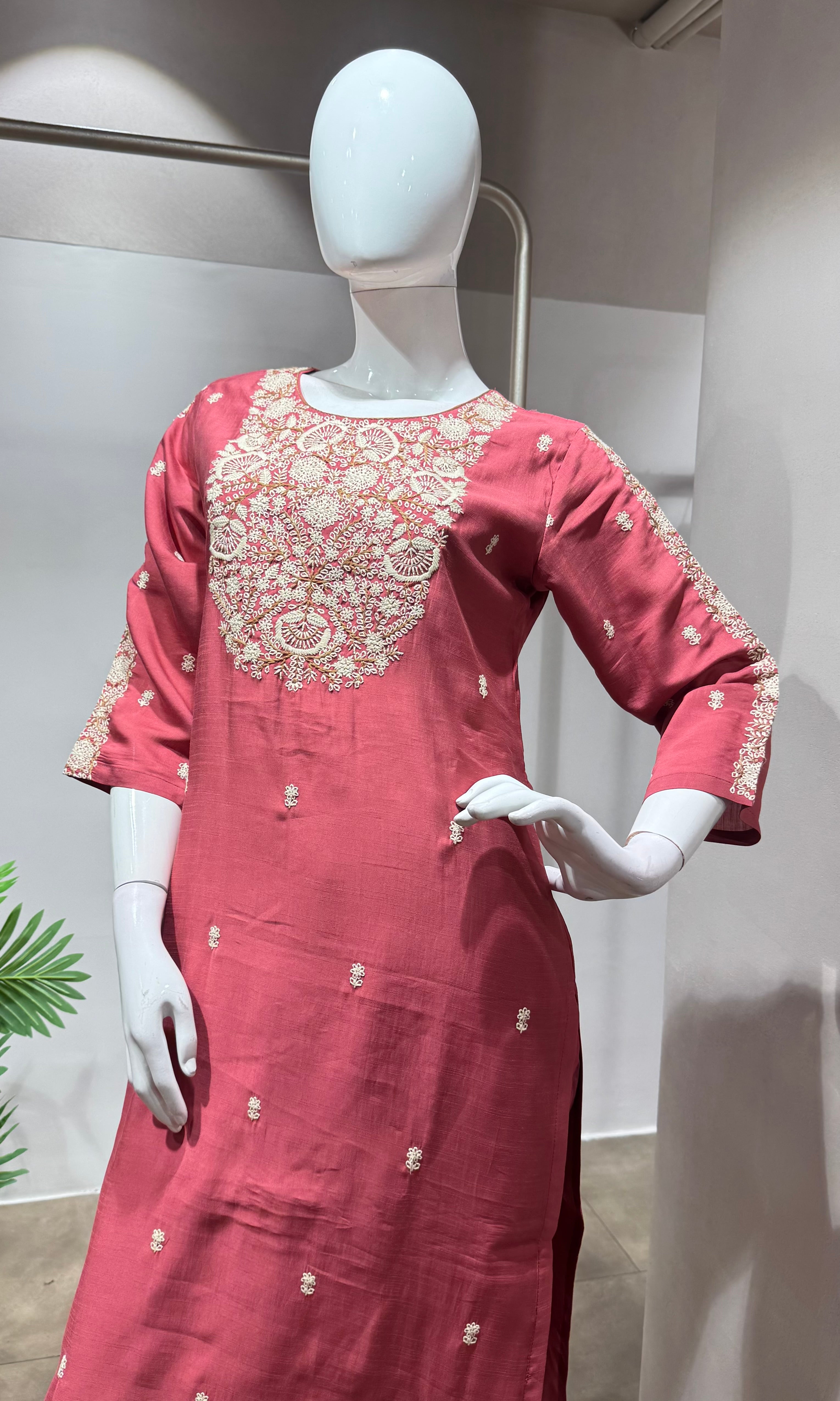 Pink thread work Embroidery kurta set