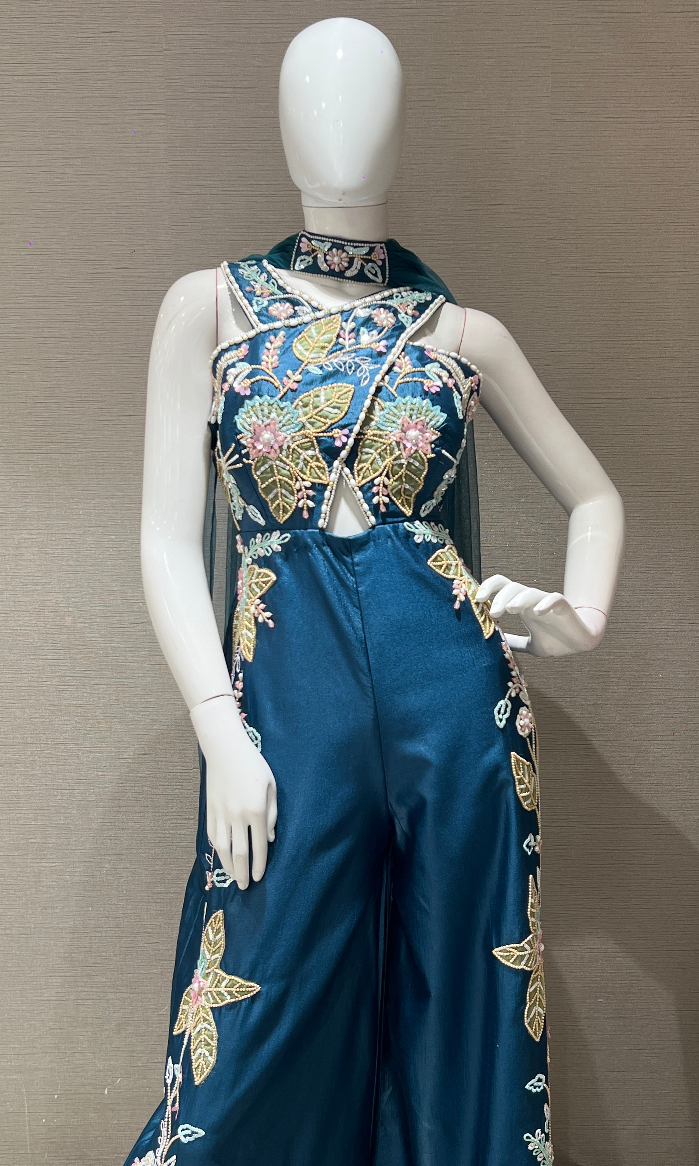 Teal blue Halter embellished jumpsuit