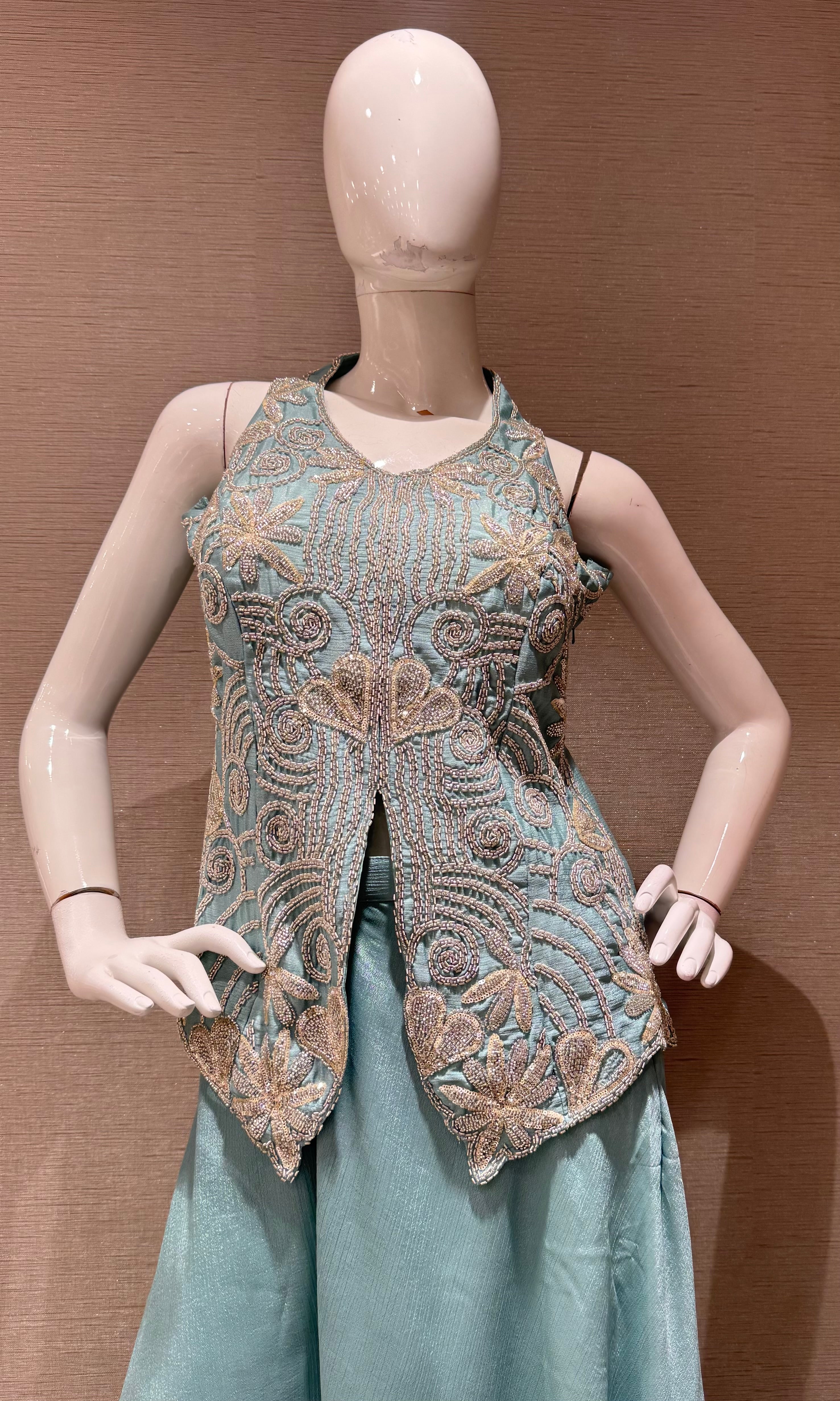 Blue Peplum top with Flared palazzo pant set