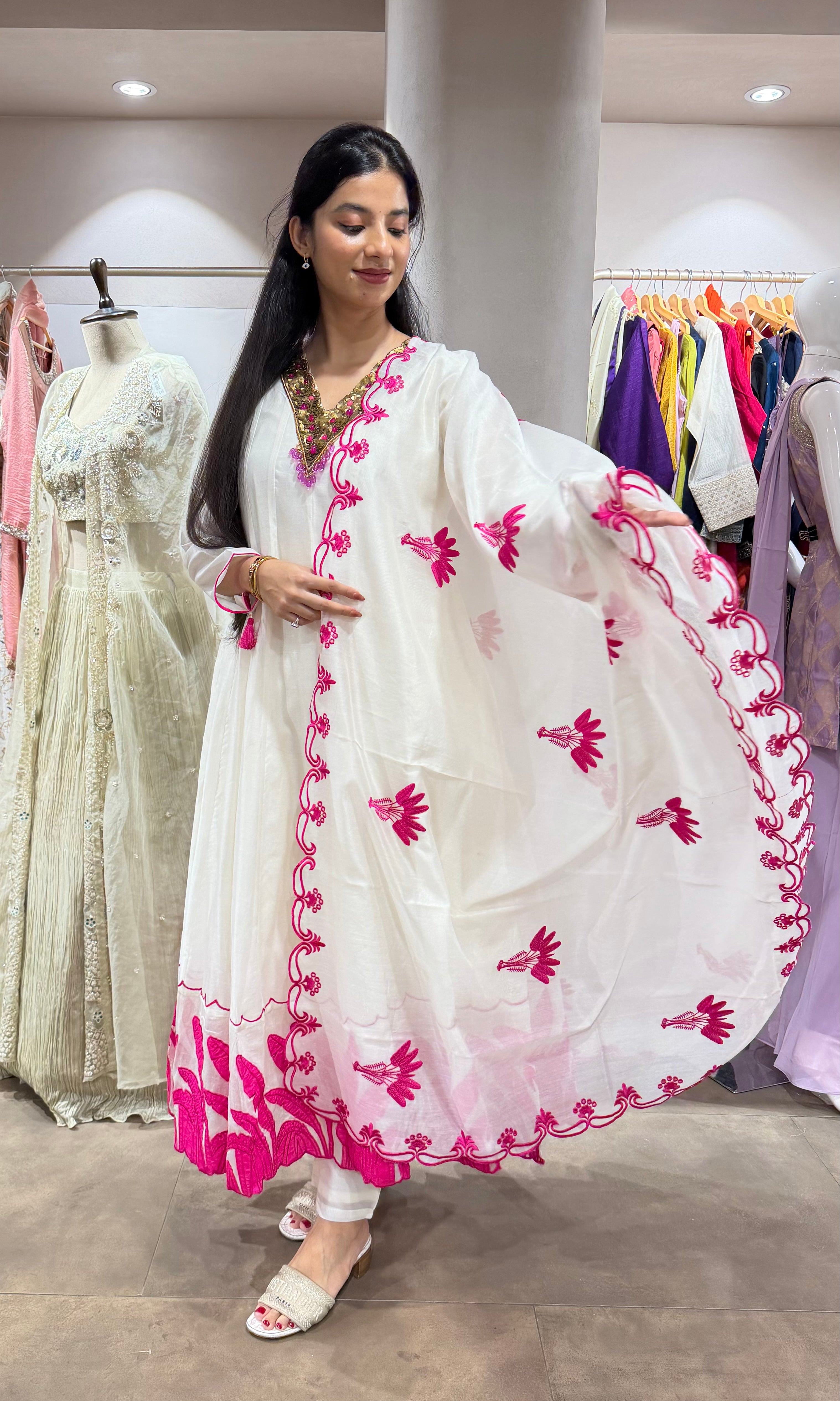 HALF WHITE & PINK ETHNIC ANARKALI SET
