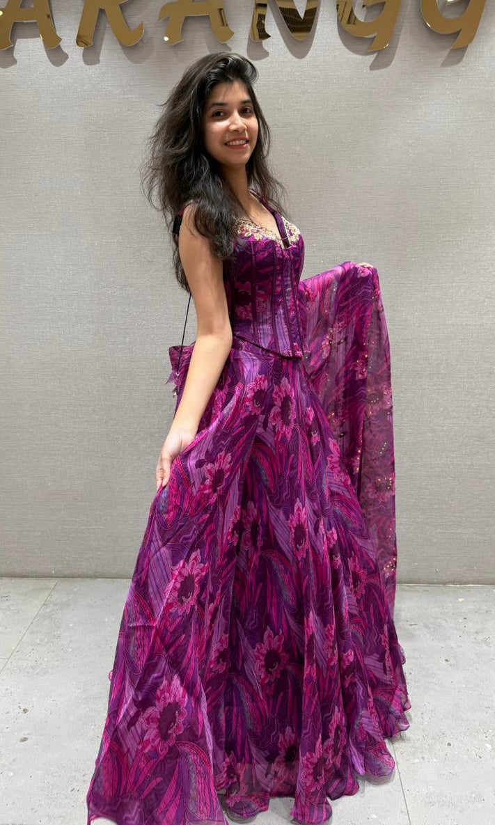 FUSCHIA PURPLE ABSTRACT CORSET LEHENGA