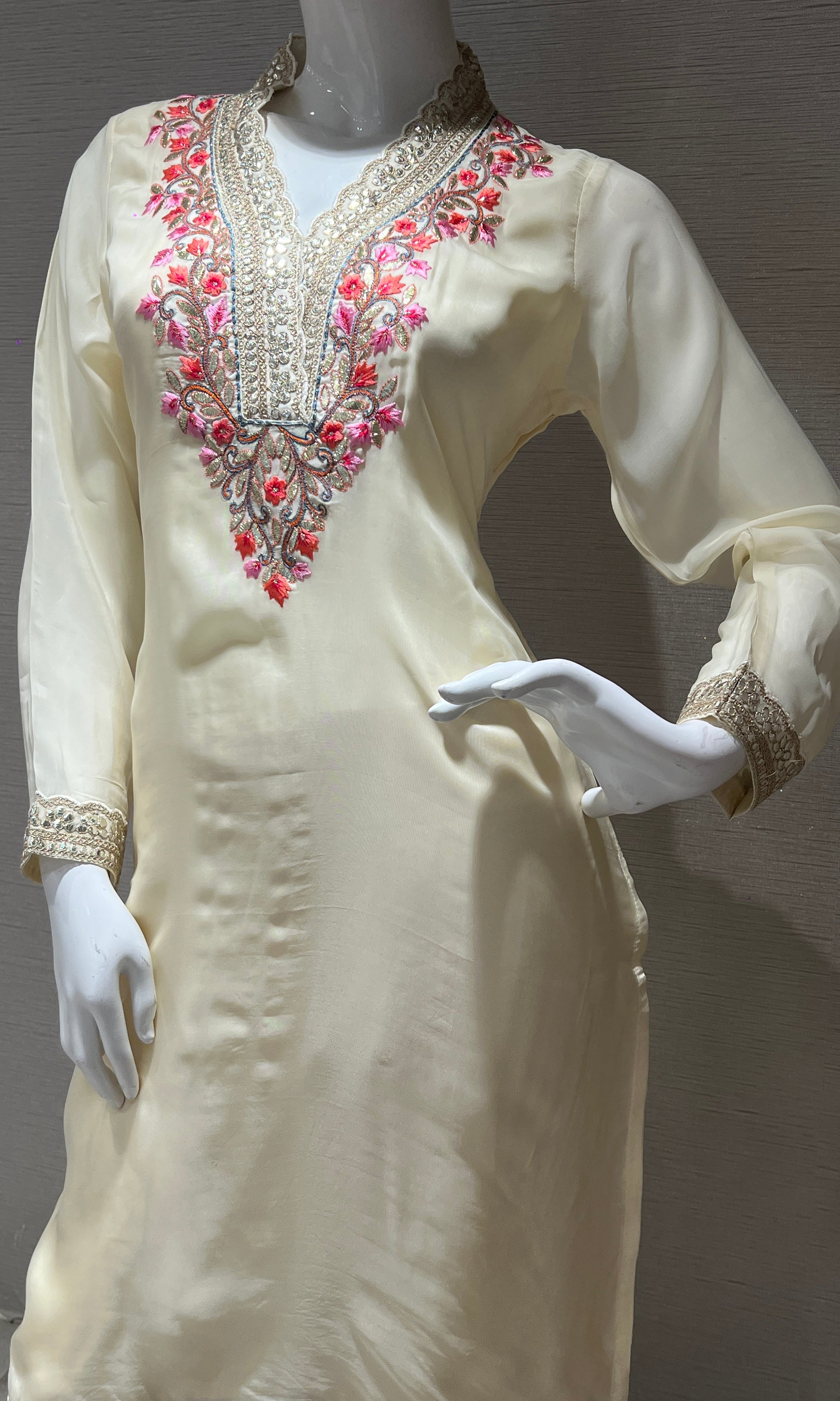 Cream embroidered kurta set with printed dupatta