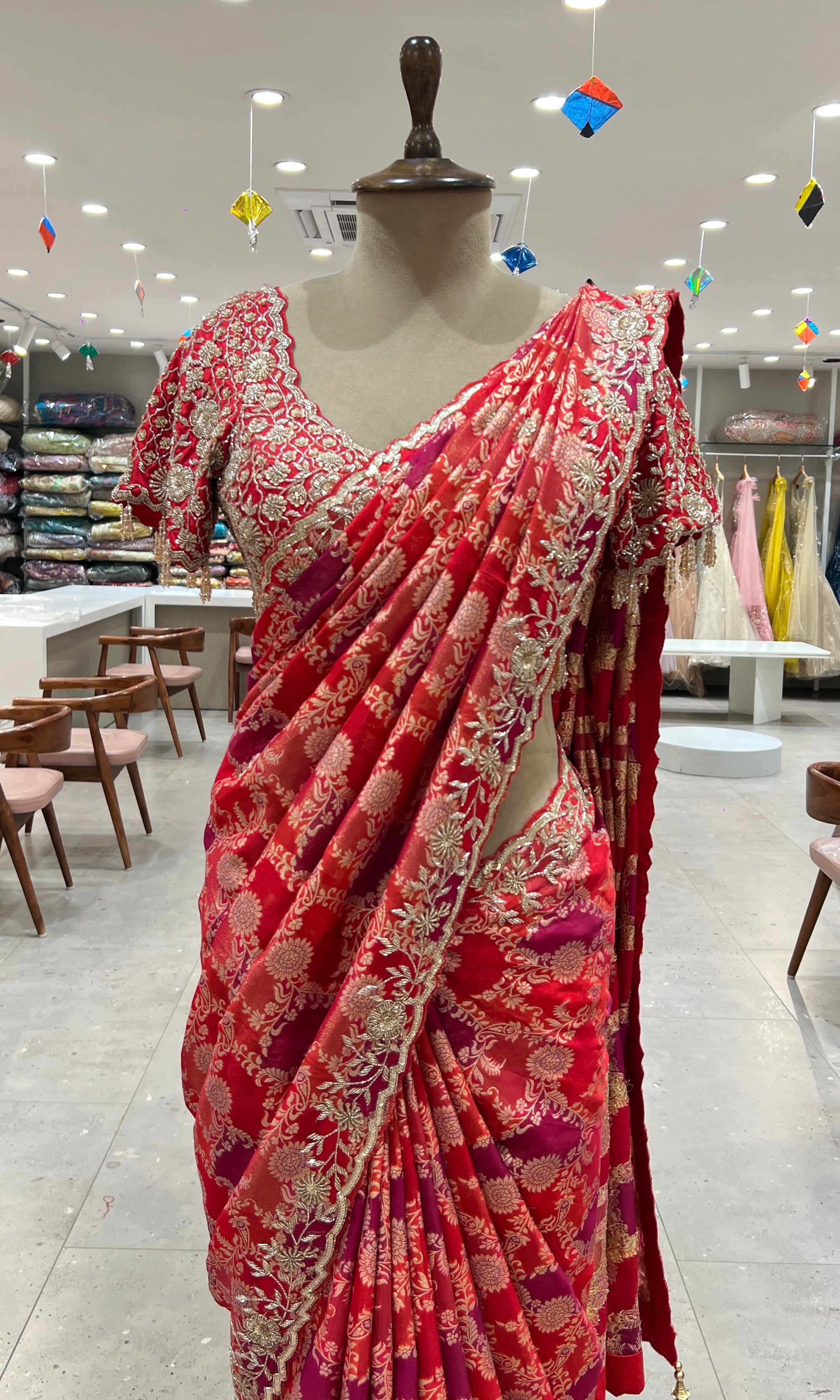 Red designer banarai saree with ready blouse