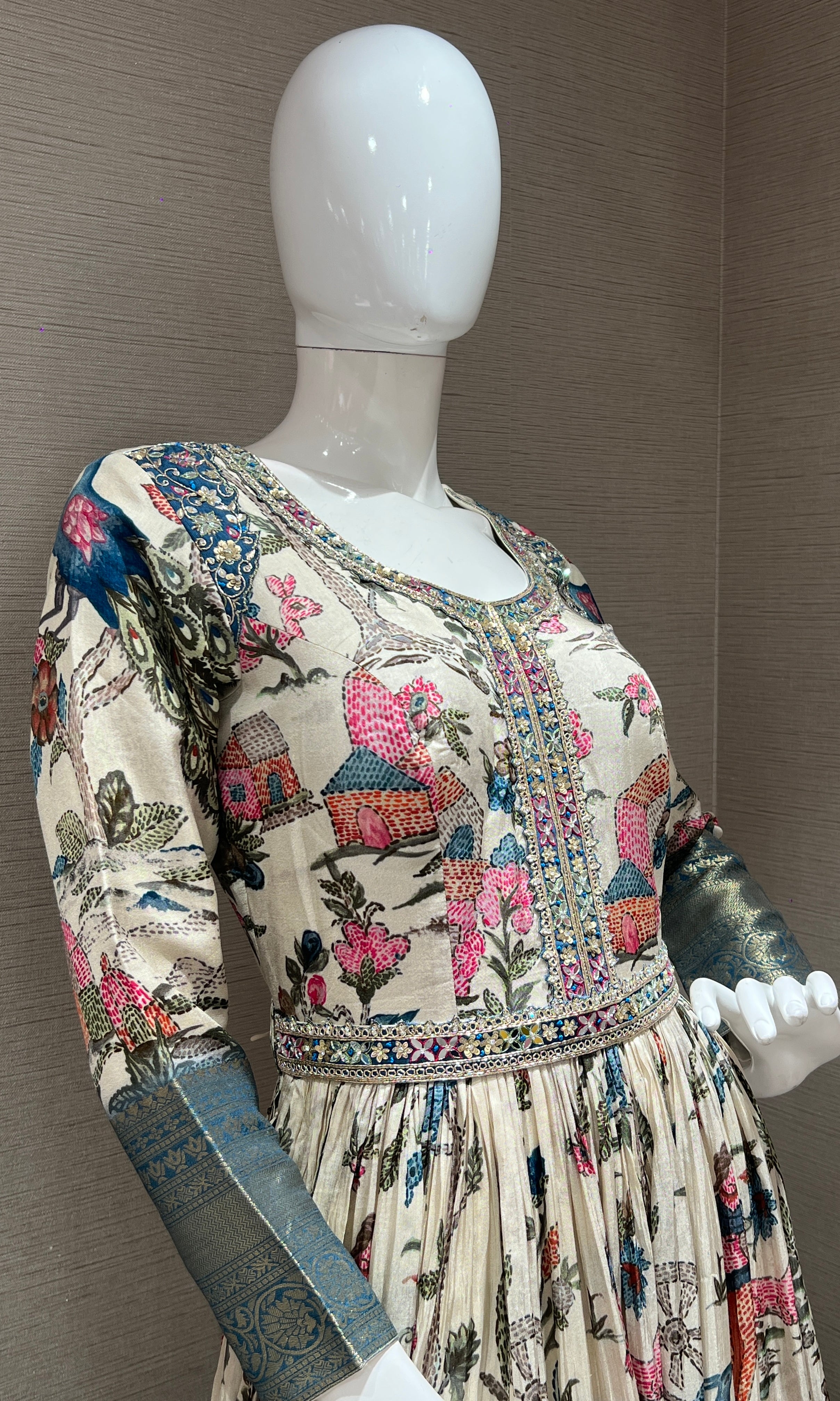 Cream long floral print Anarkali