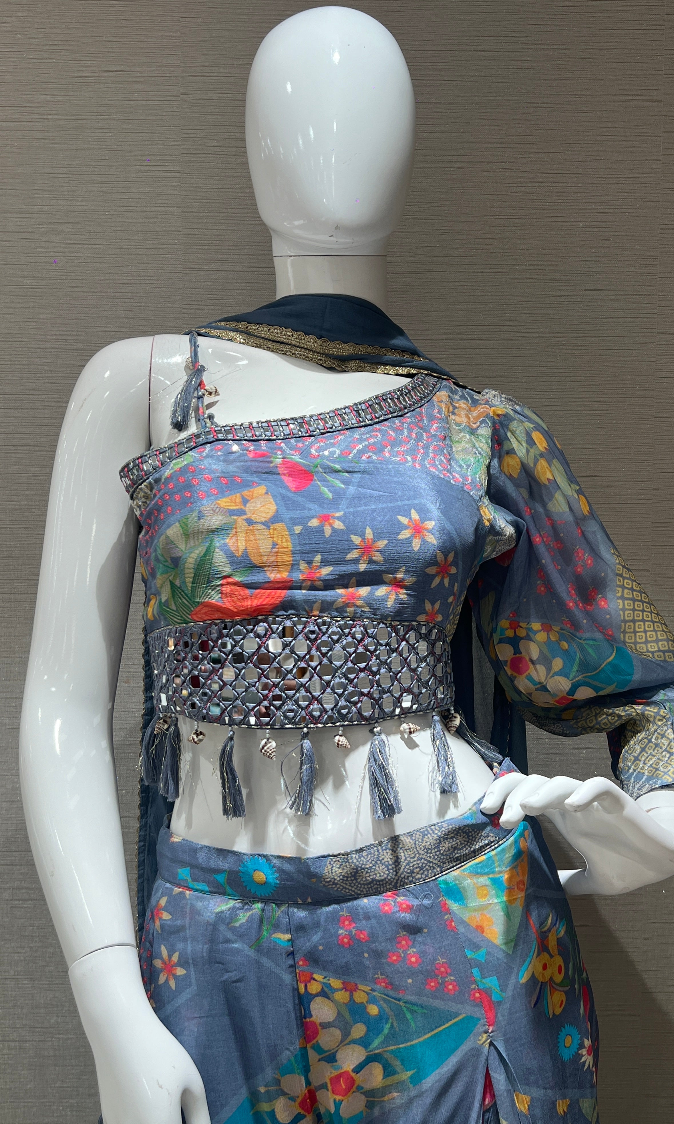 L Blue one shoulder crop top with palazzo