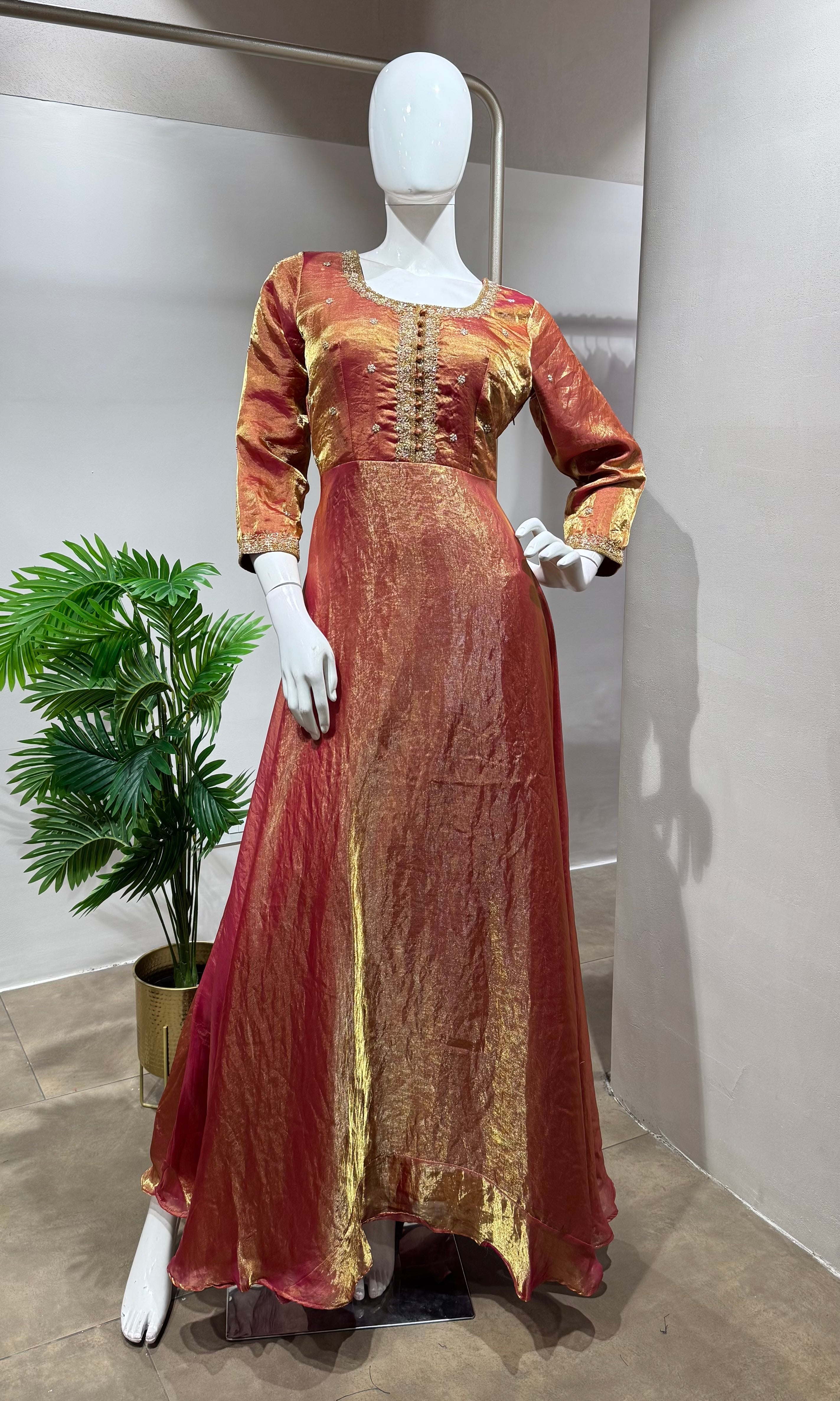 Shimmering RUST-Gold Silk Tissue Anarkali Set