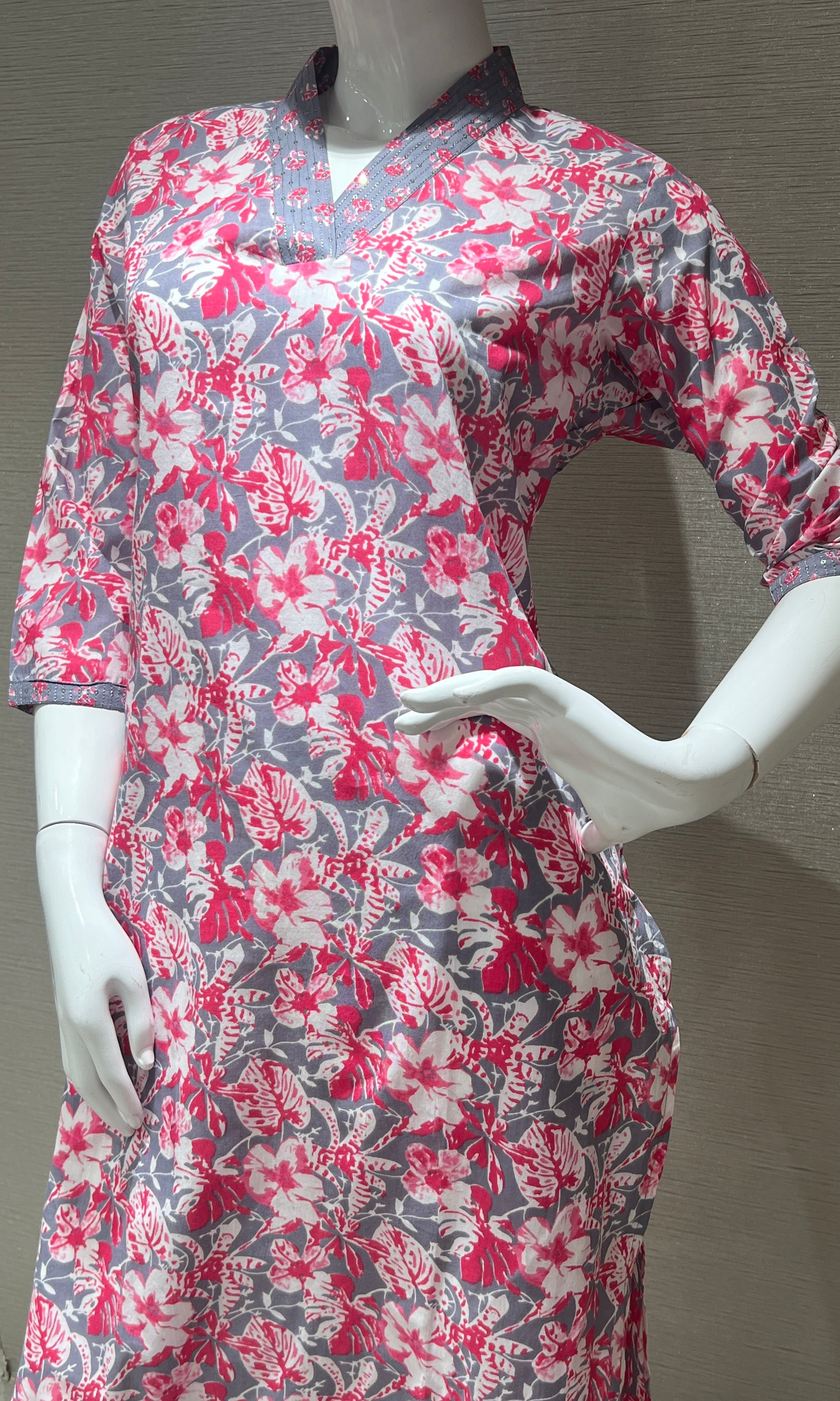 Pink and Grey Floral Printed Kurti top