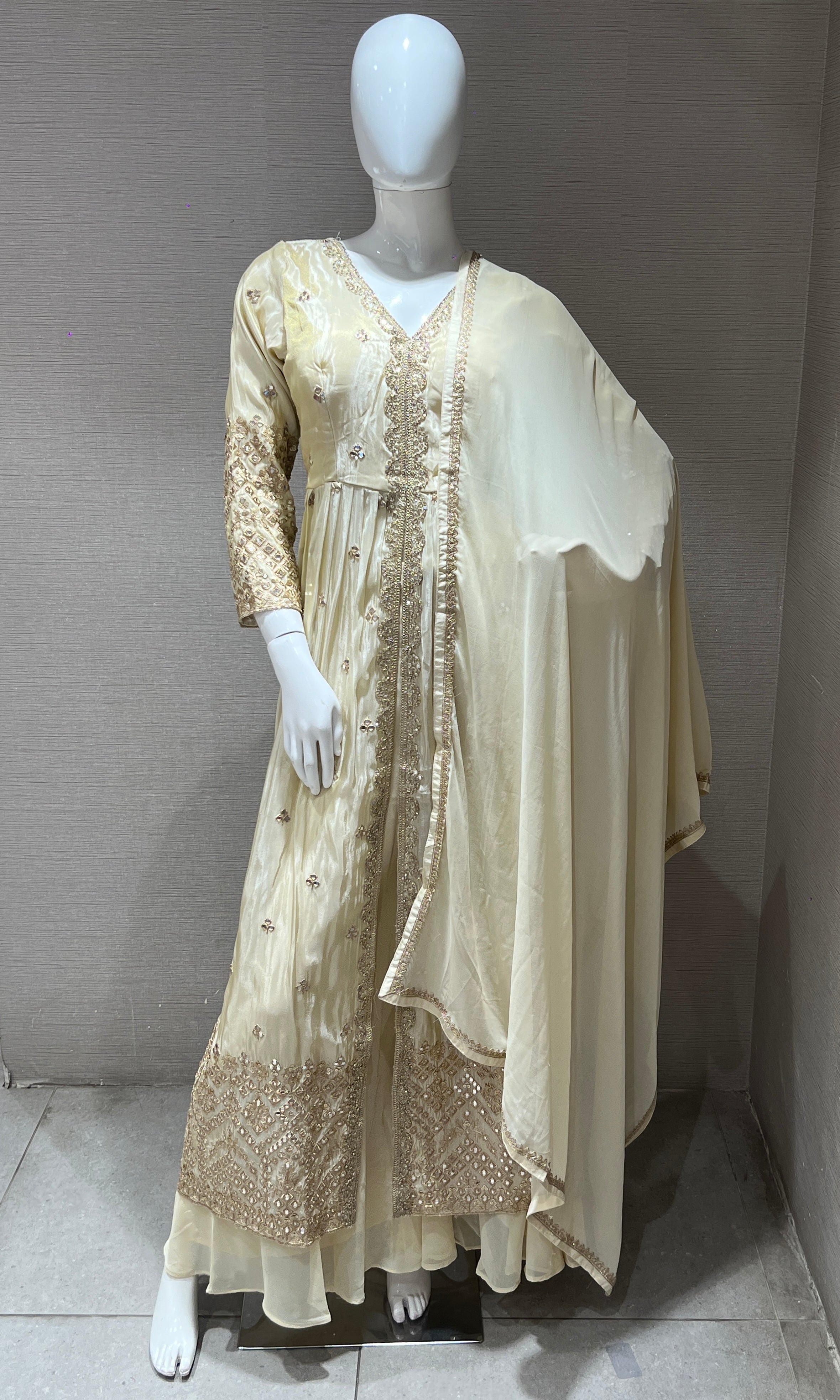 Cream front slit Anarkali with palazzo