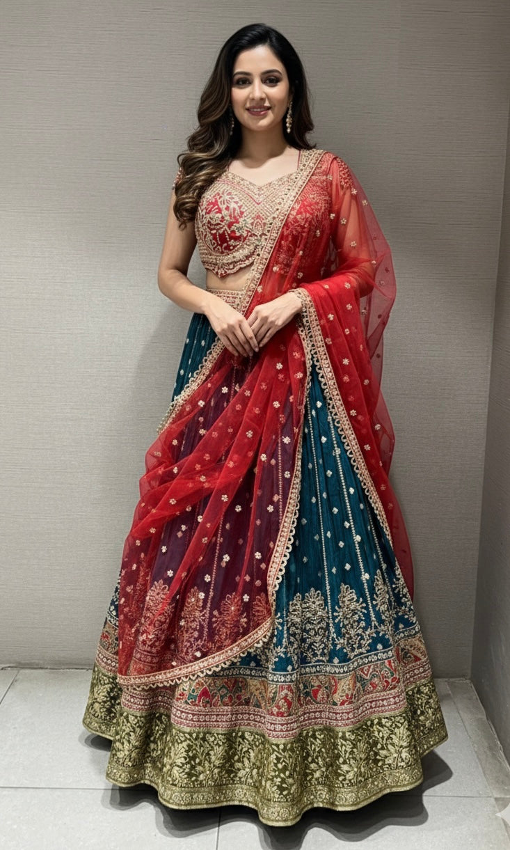 RED MULTI GOLDEN EMBROIDERED LEHENGA