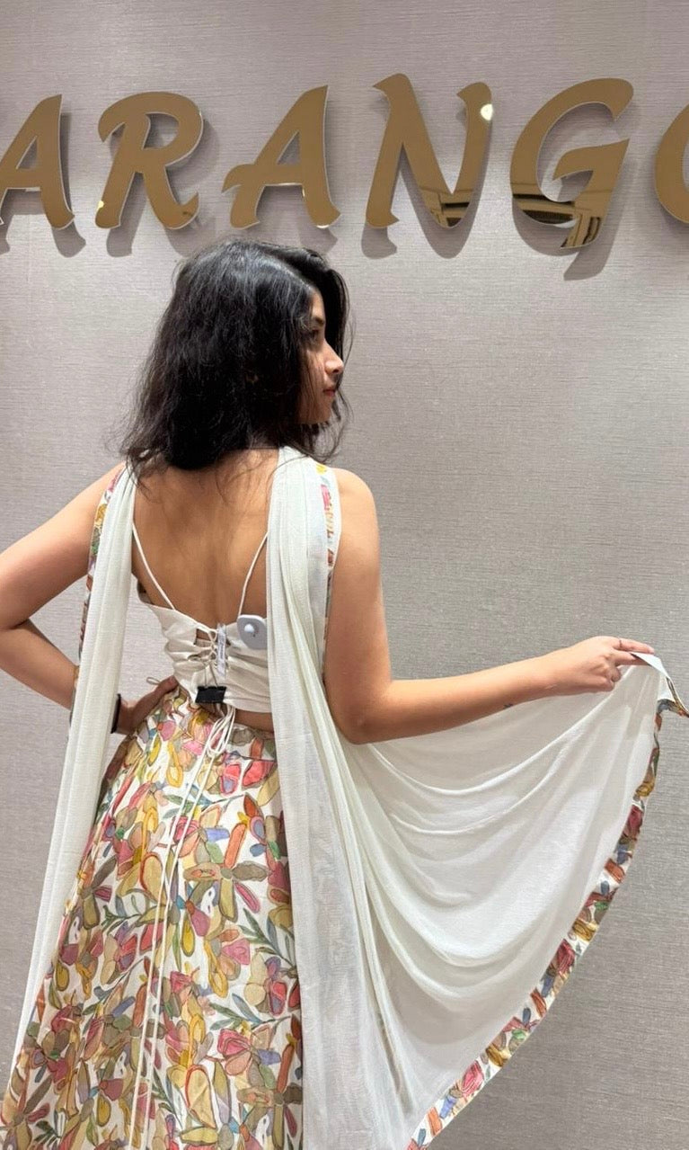 FLORAL LEHENGA WITH WHITE CORSET BLOUSE