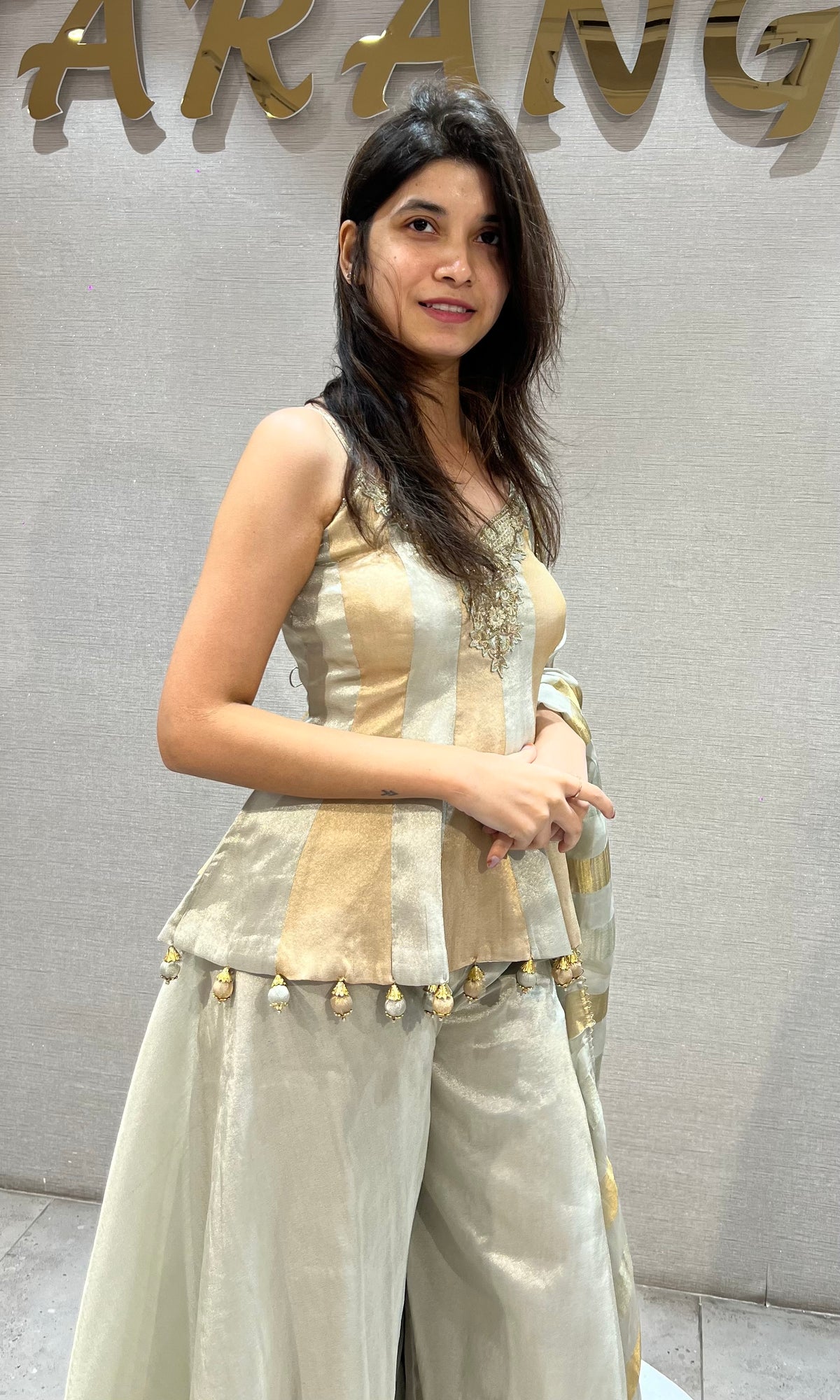 Grey GOLDEN TISSUE PEPLUM PALAZZO SET