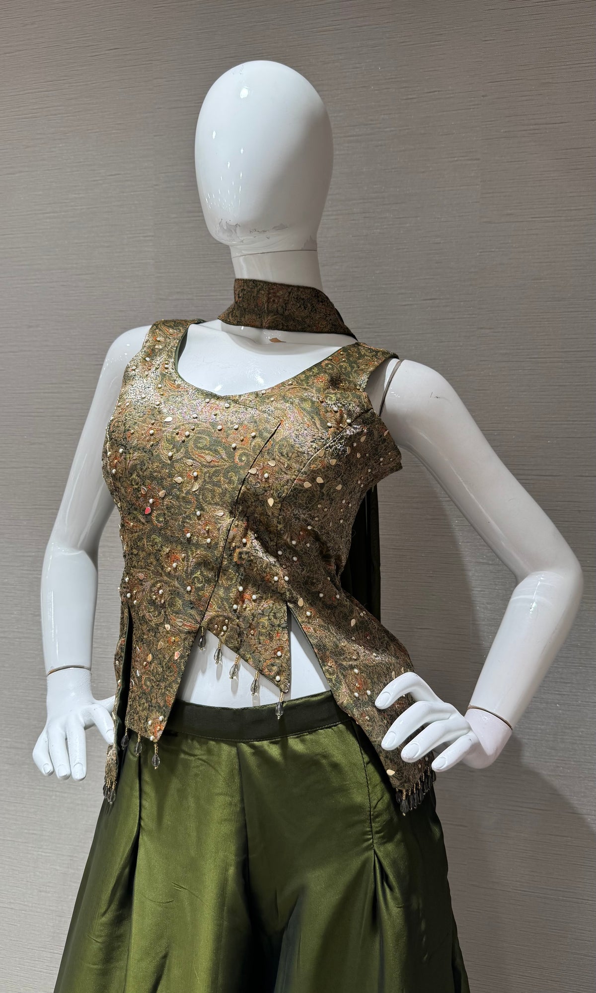 Olive Green Georgette Palazzo Set with Metallic Gold Halter Top