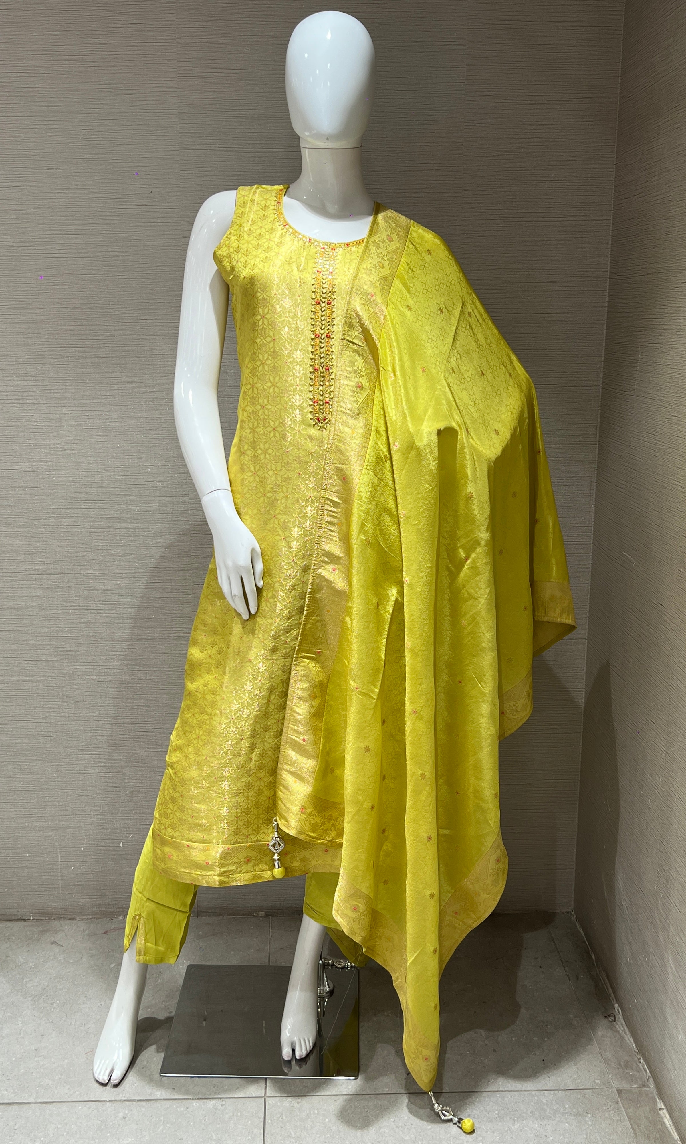 green shimmer silk kurta set